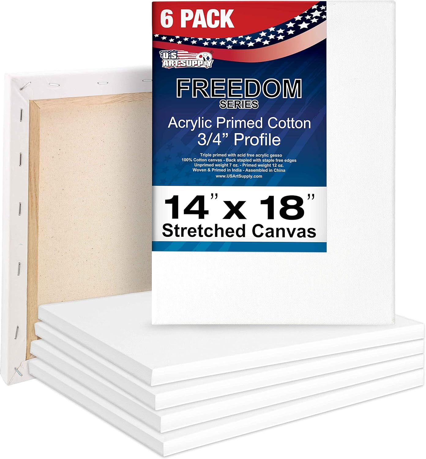 U.S. Art Supply 14 x 18 inch Stretched Canvas for Painting, 12oz Triple Primed, 6-Pack - Professional Artist Quality White Blank 3/4" Profile, 100% Cotton, Heavy-Weight Gesso - Acrylic Pouring, Oil