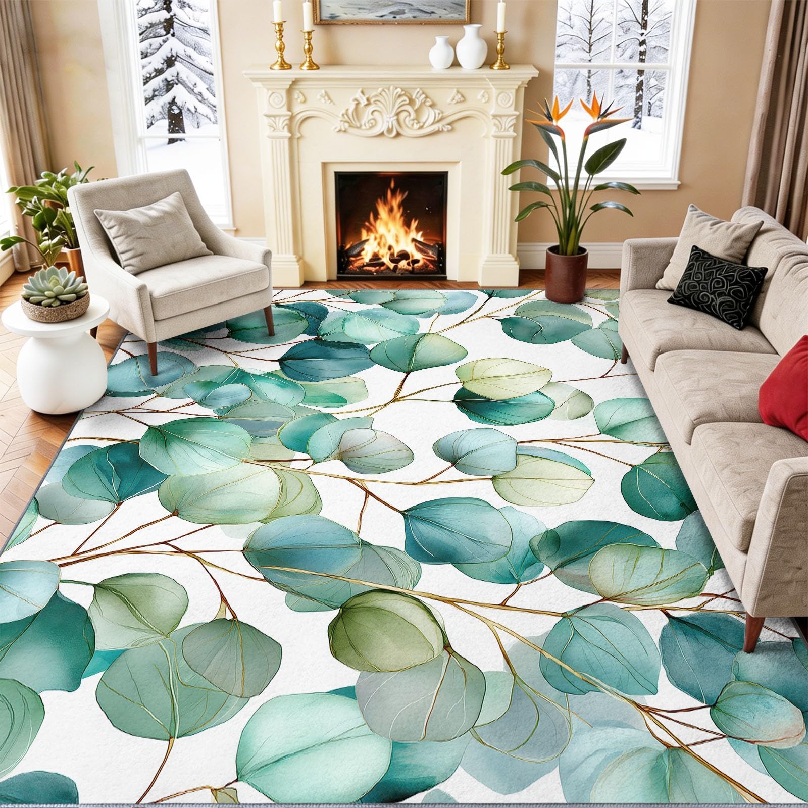 Tapis de salon lavable et antidérapant fini les glissades avec ce motif aquarelle vert