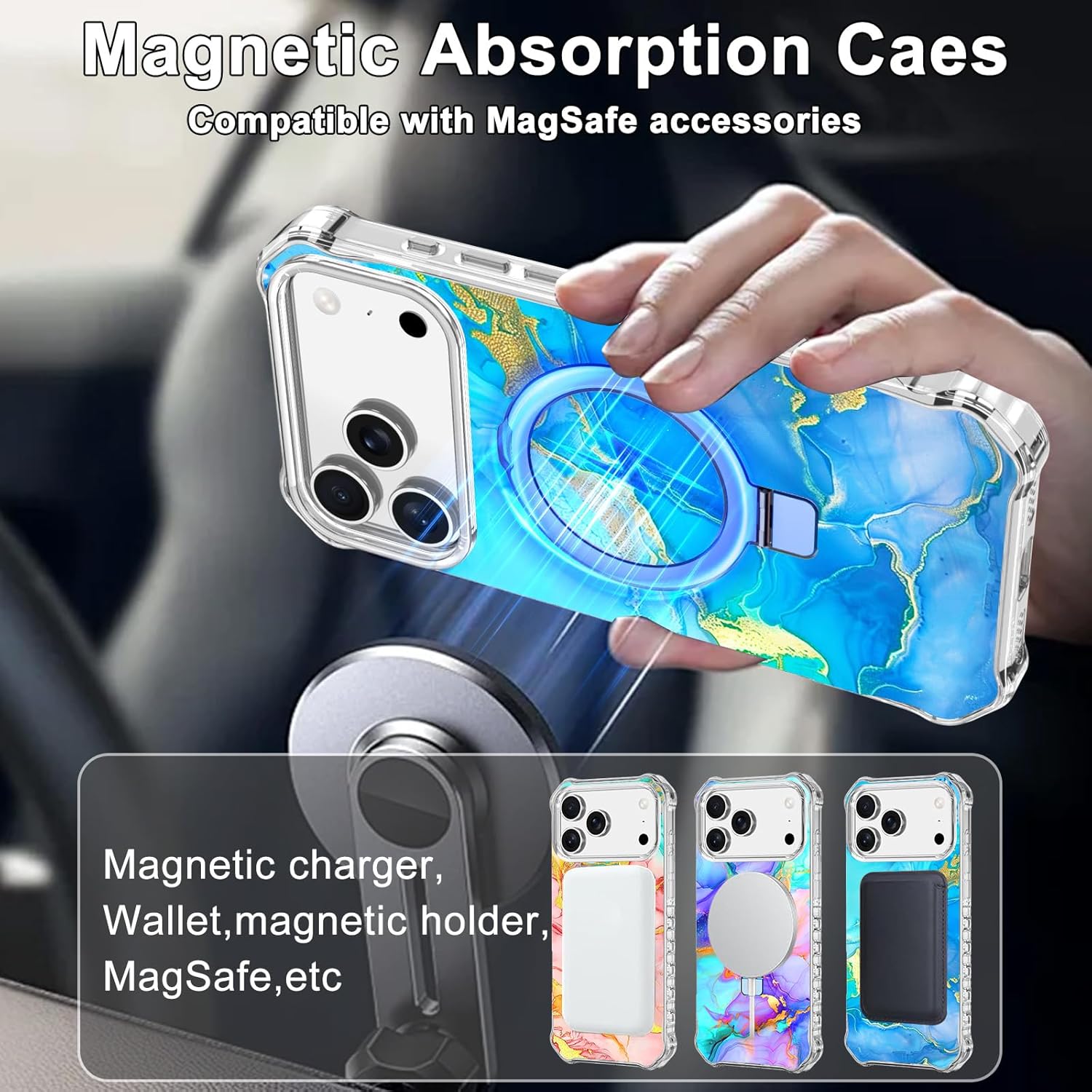 for iPhone 17 Pro Case,[Compatible with MagSafe][Invisible Magnetic Ring Stand],Slim Iridescent Wavy Women Girls Case for Apple iPhone 17 Pro 6.3"(2025),Light Blue - Image 3