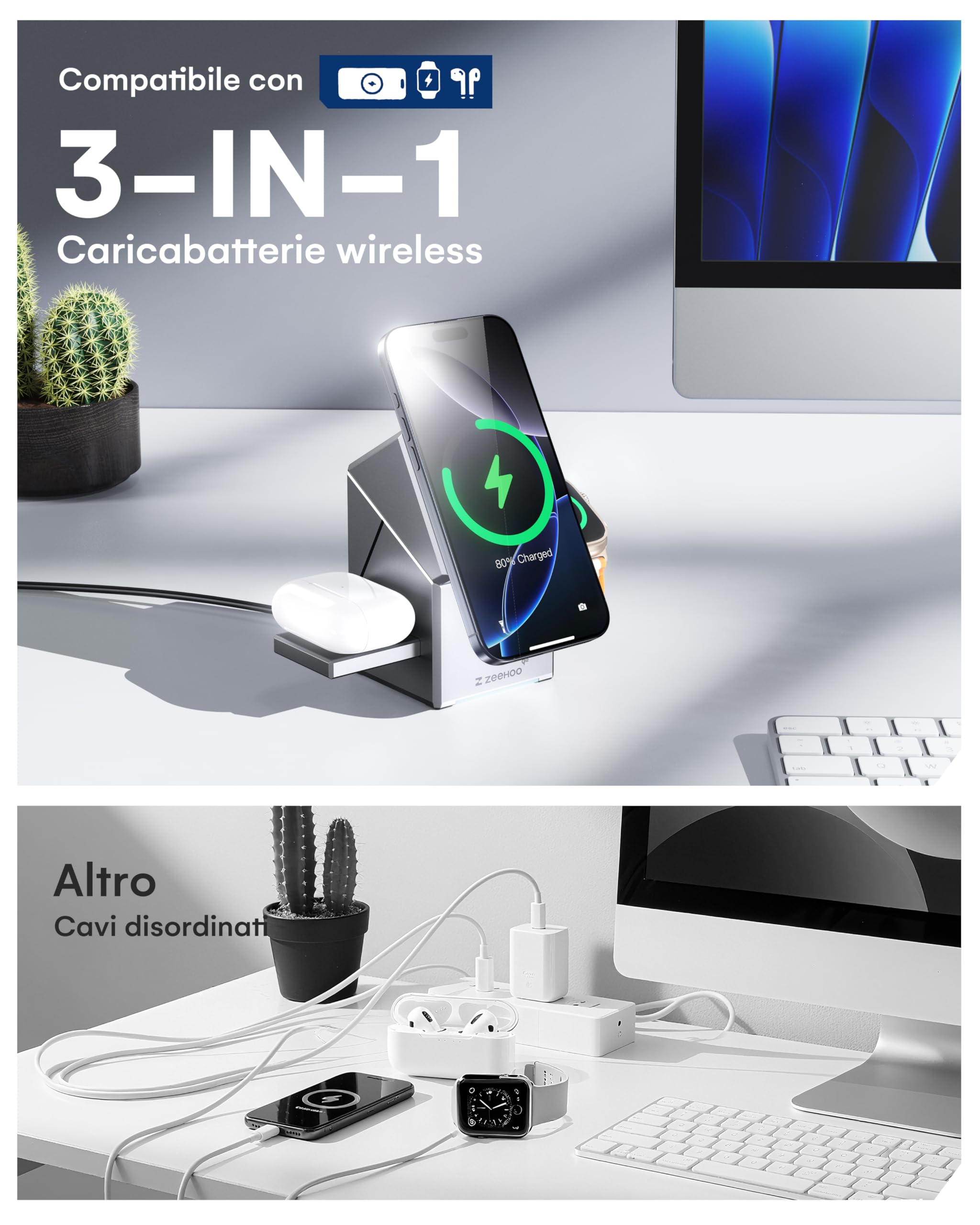 ZEEHOO Stazione di Ricarica 3 in 1 per Magsafe, CubeTrick-X Qi2 15 W Fast Wireless Charger Stand per Apple Watch, per iPhone 16, 15, 14, 13, 12 (caricatore USB-C da 30 W incluso)