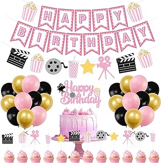 K KUMEED Happy Birthday Decorations,Movie Theme Party Decorations Pink Popcorn Camera Movie Theater Decorations Cute Cake Topper Latex Balloons for Birthday Party Movie Night Party Supplies Girls