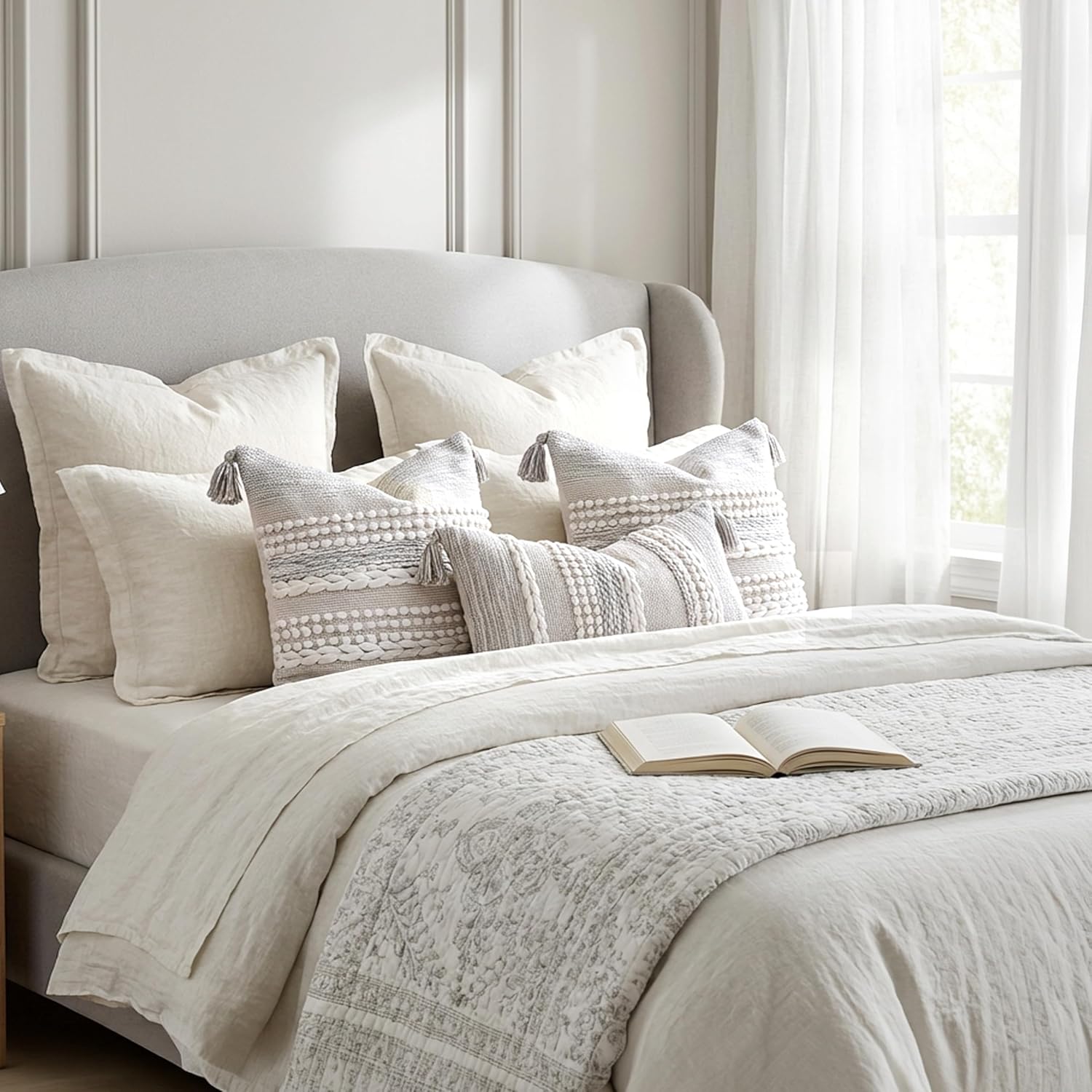 BlissBlush Gray Decorative Throw Pillow Cover 20X20, Boho Accent Pillow for Couch, Square Modern Farmhouse Pillowcase for Living Room Couch Sofa Cushion Home Décor (Pack of 1)