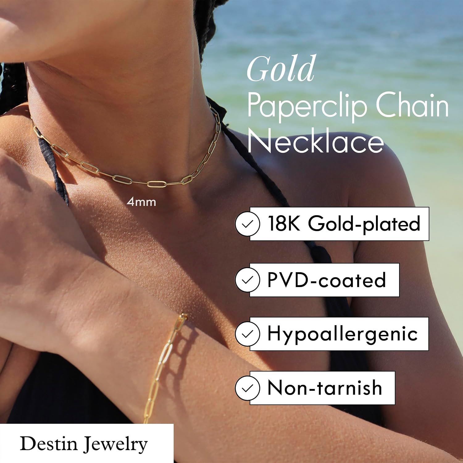 Destin Jewelry Paperclip Chain Necklace for Women, Waterproof 18K Gold Plated Stainless Steel, Hypoallergenic, Adjustable Layering Chain, Tarnish-Resistant, 2.5–6.5mm