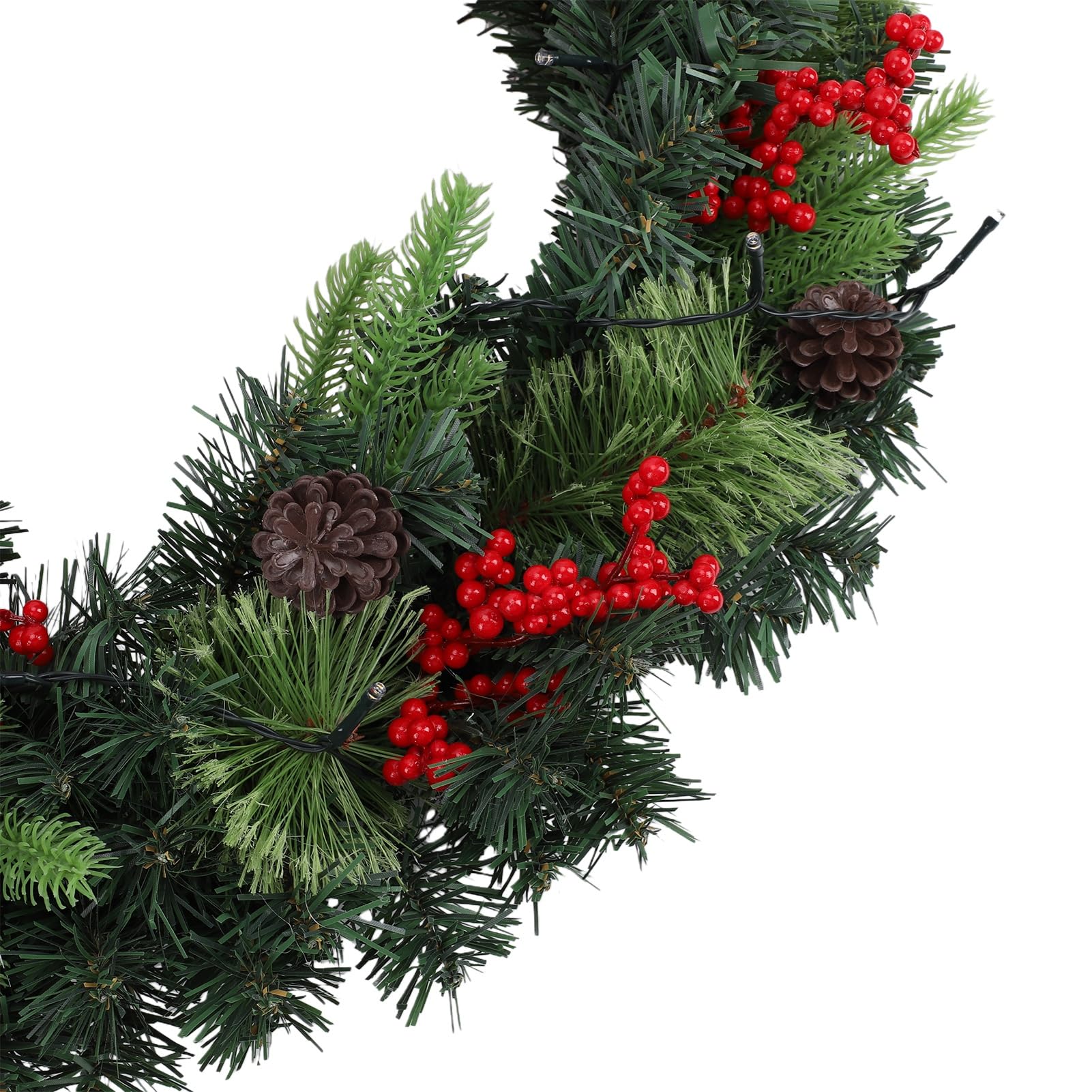 Generic Ghirlanda di Natale Finta da 24 Pollici con Illuminazione Multimodale, Bellissima Decorazione Natalizia con Fiocchi Rossi, Pigne e Bacche per Porte D'ingresso e Caminetti