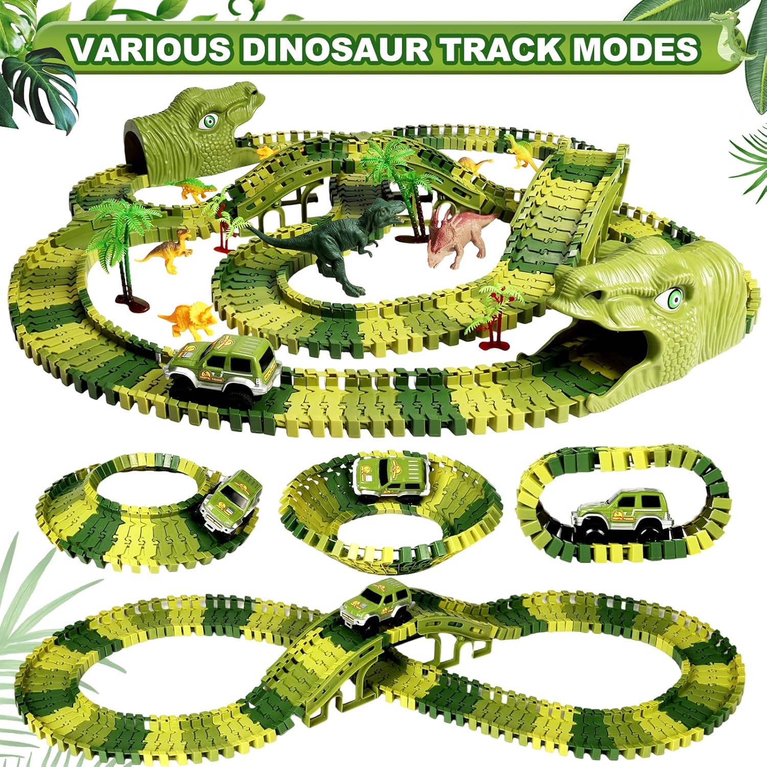 Dinosaur Track Toys, 266 PCS Dinosaur Toys for Kids 3-5 Create A Dinosaur World Road Race Tracks, 2 Dinosaur Cars Flexible Train Track Set, Birthday Gifts 3 4 5 6 7 Year Old Boys Girls