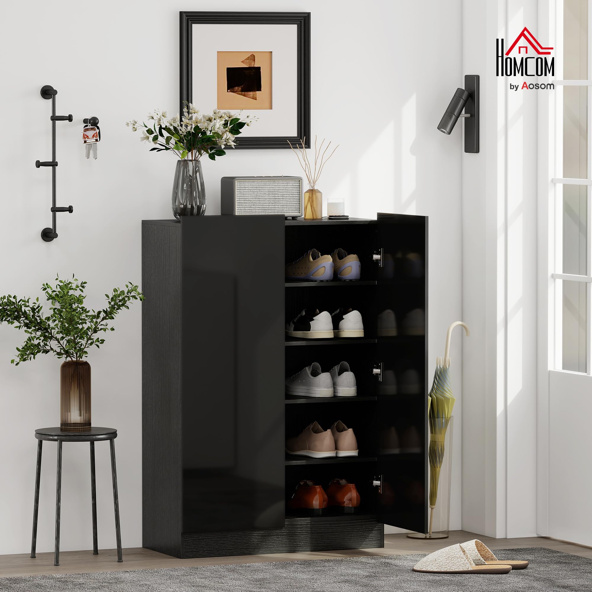 HOMCOM Zapatero de 2 Puertas Brillo con Cierre Suave Negro 72x34,5x103 cm | Zapatero Entrada Recibidor, Estantes Ajustables, Agujeros de Ventilación, para 20 Pares de Zapatos