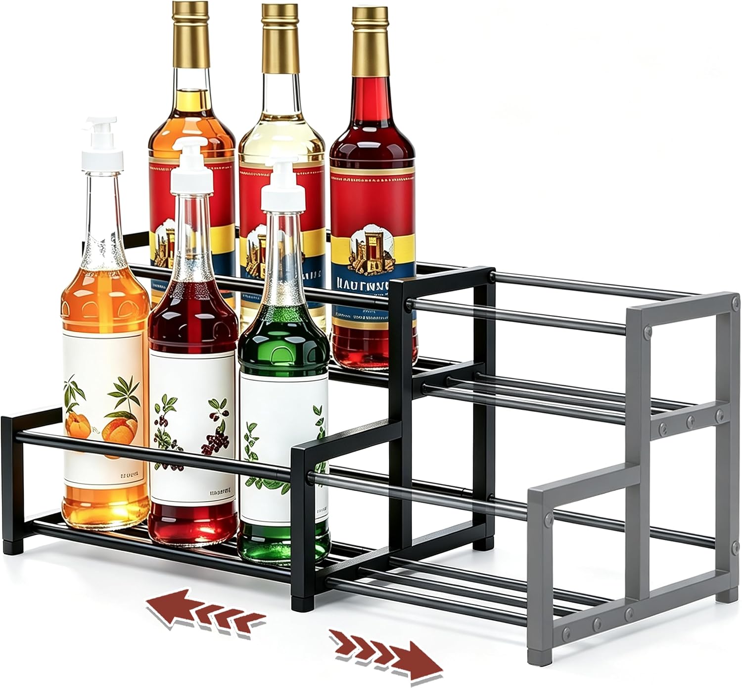 Expandable Coffee Syrup Organizer, 2-Tier Syrup Rack with flexible length |Customized Kitchen Organizer to hold 6-12 Bottles, Perfect for Liquor Bottle Display Shelf, Spice Rack & Bar Accessories