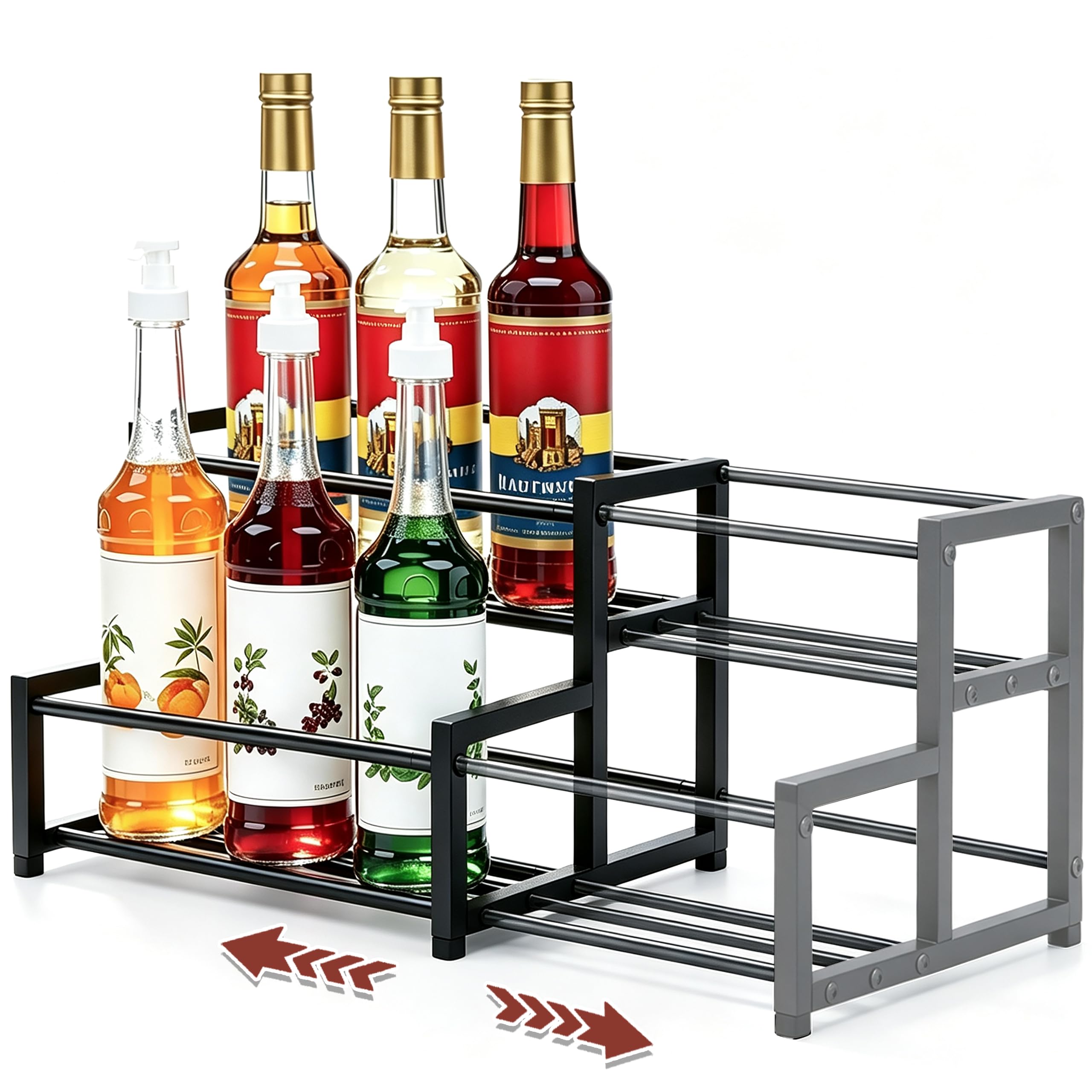Expandable Coffee Syrup Organizer, 2-Tier Syrup Rack with flexible length |Customized Kitchen Organizer to hold 6-12 Bottles, Perfect for Liquor Bottle Display Shelf, Spice Rack &amp; Bar Accessories