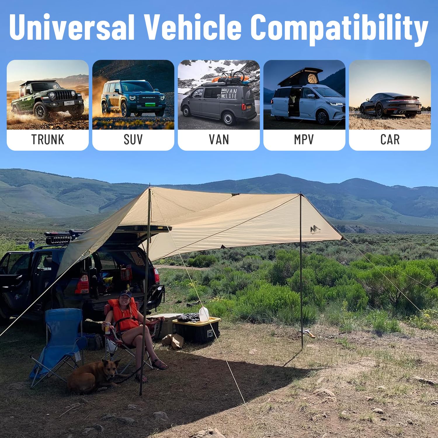 Auto Markise Vorzelt, Wasserdicht Sonnensegel Camping Dachzelt Dachträger Sonnenschutzdach mit UV-Schutz (UV80) & Wasserdicht-Coating Heckklappe für Auto SUV Wohnwagen PKW Van Outdoor (485 x 427 cm)