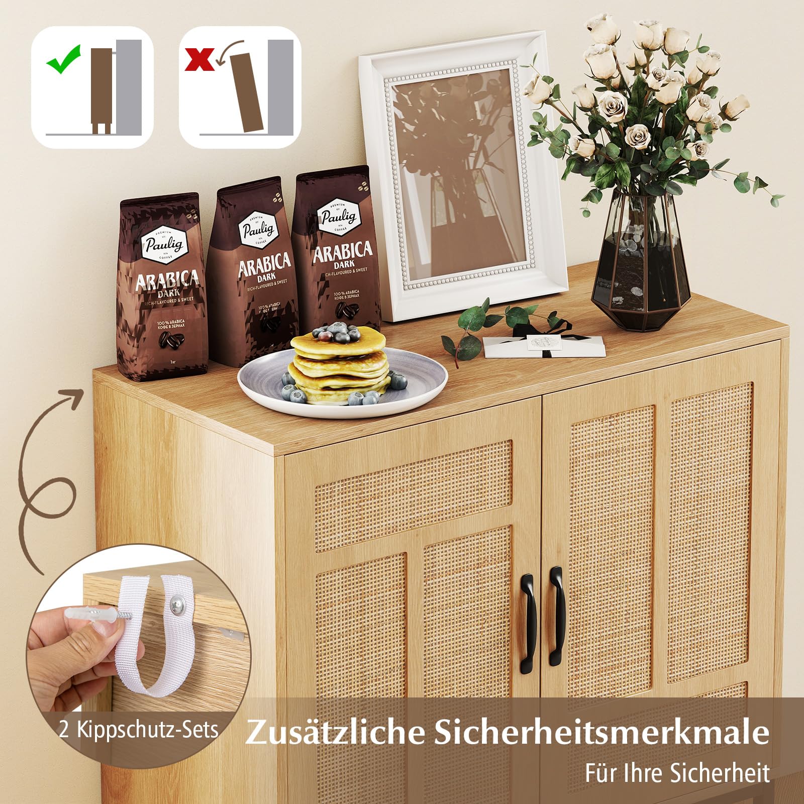 COSTWAY Kredens z 2 drzwiami rattanowymi, szafka kuchenna w stylu boho z drewna, szafka bufetowa z 3-stopniową regulacją półki i metalowymi nogami, komoda do kuchni, jadalni, salonu, 80 x 38 x 81 cm