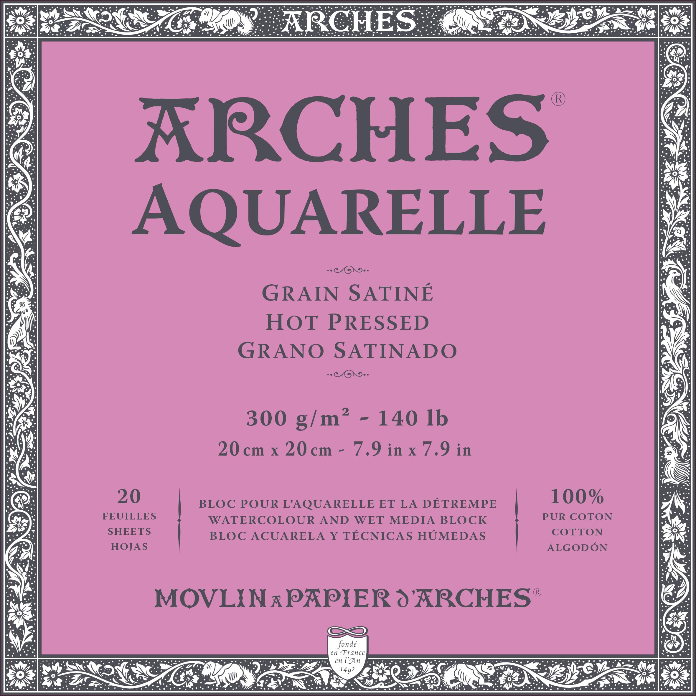 ARCHES Aquarelle – Block mit 20 Blatt 20 x 20 cm, 4 Seiten geleimt – 300 g/m² – satinierte Körnung, naturweiß, 4 Kanten
