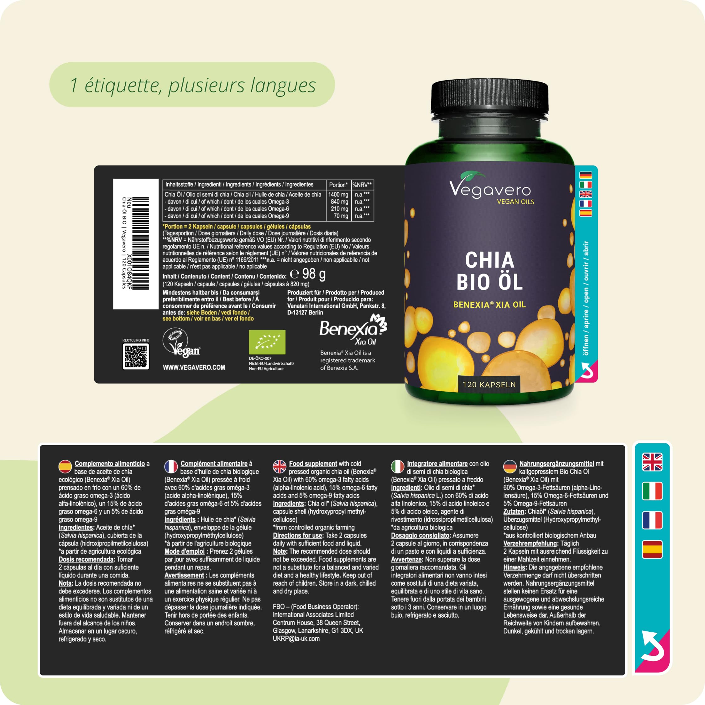 OMEGA 3 6 9 BIO | VEGAN | Cholesterol et Santé Cardiovasculaire | 1400 mg d'Huile de Chia | Acides Gras Insaturés Hautement Dosés | SANS ADDITIFS | 120 Gélules | Vegavero®
