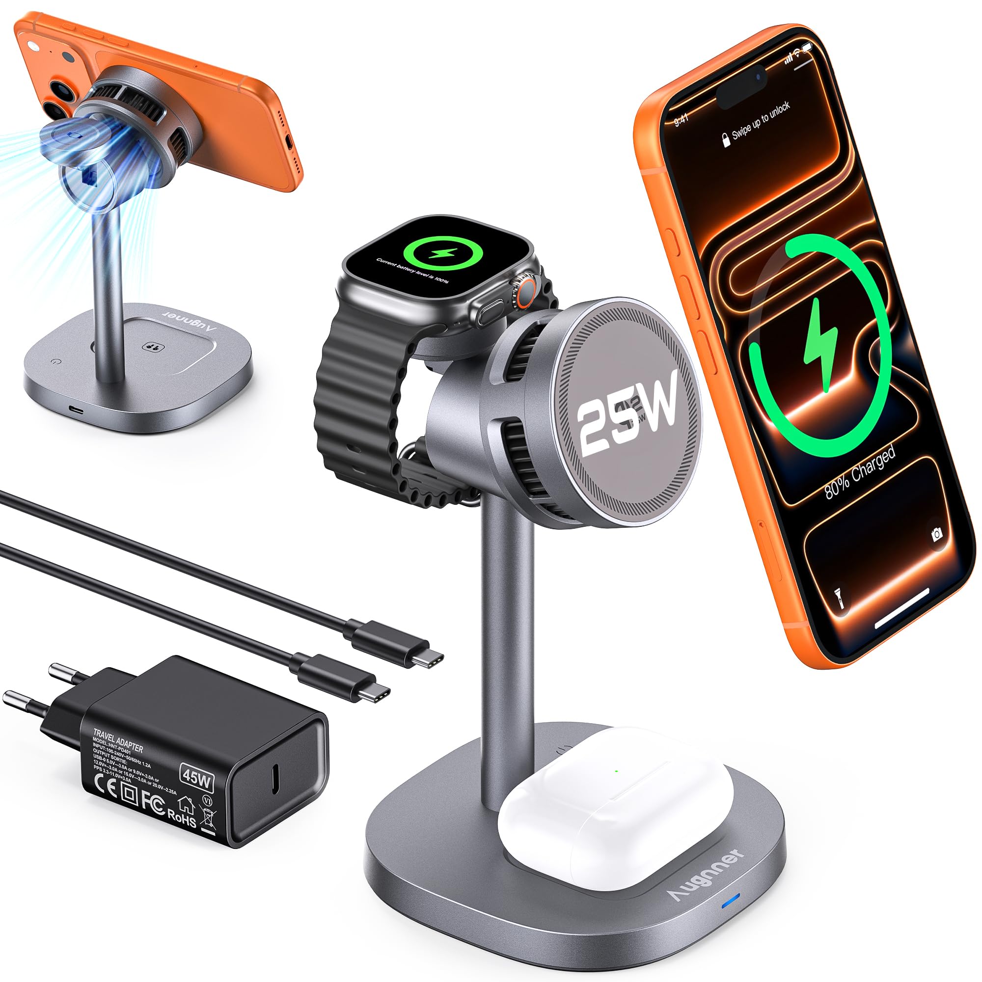 Augnner 3 in 1 Caricatore Wireless,Qi2.2 25W Caricabatterie Magnetico Rapido con Raffreddamento Attivo TEC,Stazione Ricarica Wireless Mag-Safe per iPhone17/16/15/14/13/12,Apple Watch/AirPods