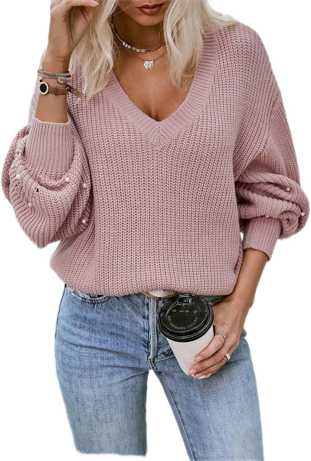 Pearls Beaded Lantern Sleeve Drop Shoulder Sweater (Color : Pink, Size : Medium)