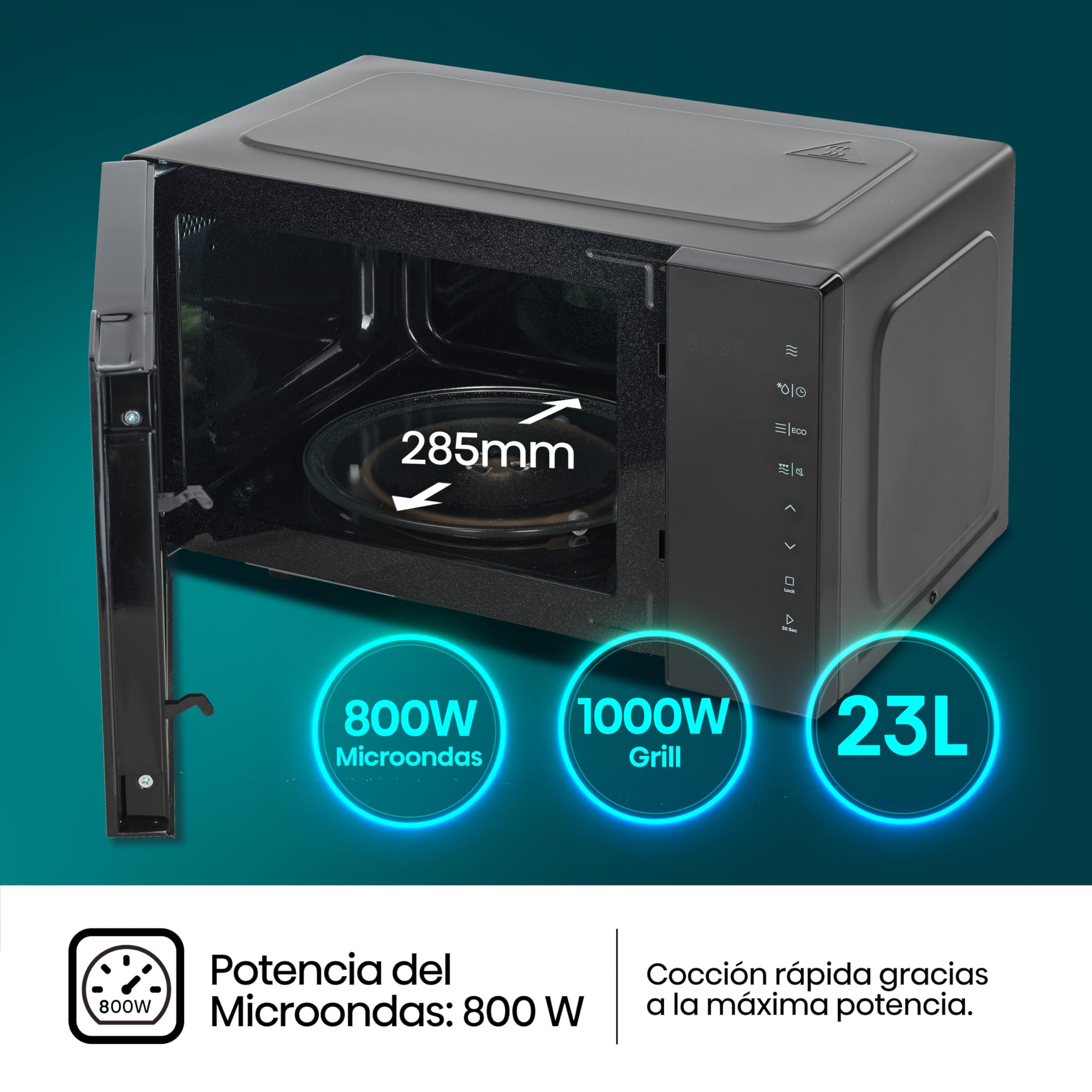 Hisense H23MOBS5HG4 - Microondas Digital con Grill 23 Litros, 1000W, Revestimiento Cerámico, Cristal Premium, Modo ECO, Descongelación programada, 10 Niveles de Potencia, Fácil Limpieza