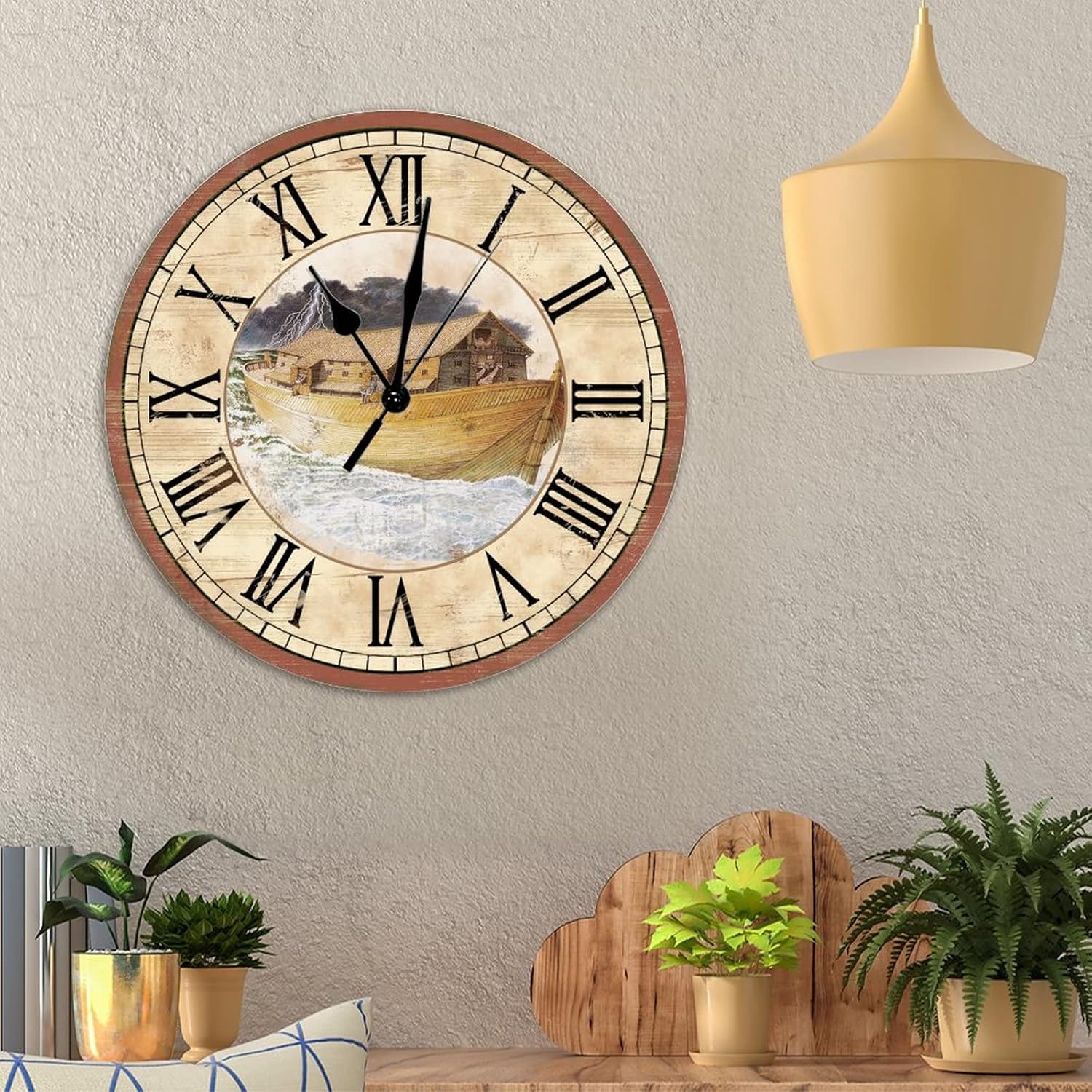 Vintage Nautical Sailing Boat Clock Summer Beach Nautical Sailboat Wooden Clock Rustic Beach House Decor 15inch Round Clock Battery Non Ticking Silent Decorative Wall Clocks for Laundry Room