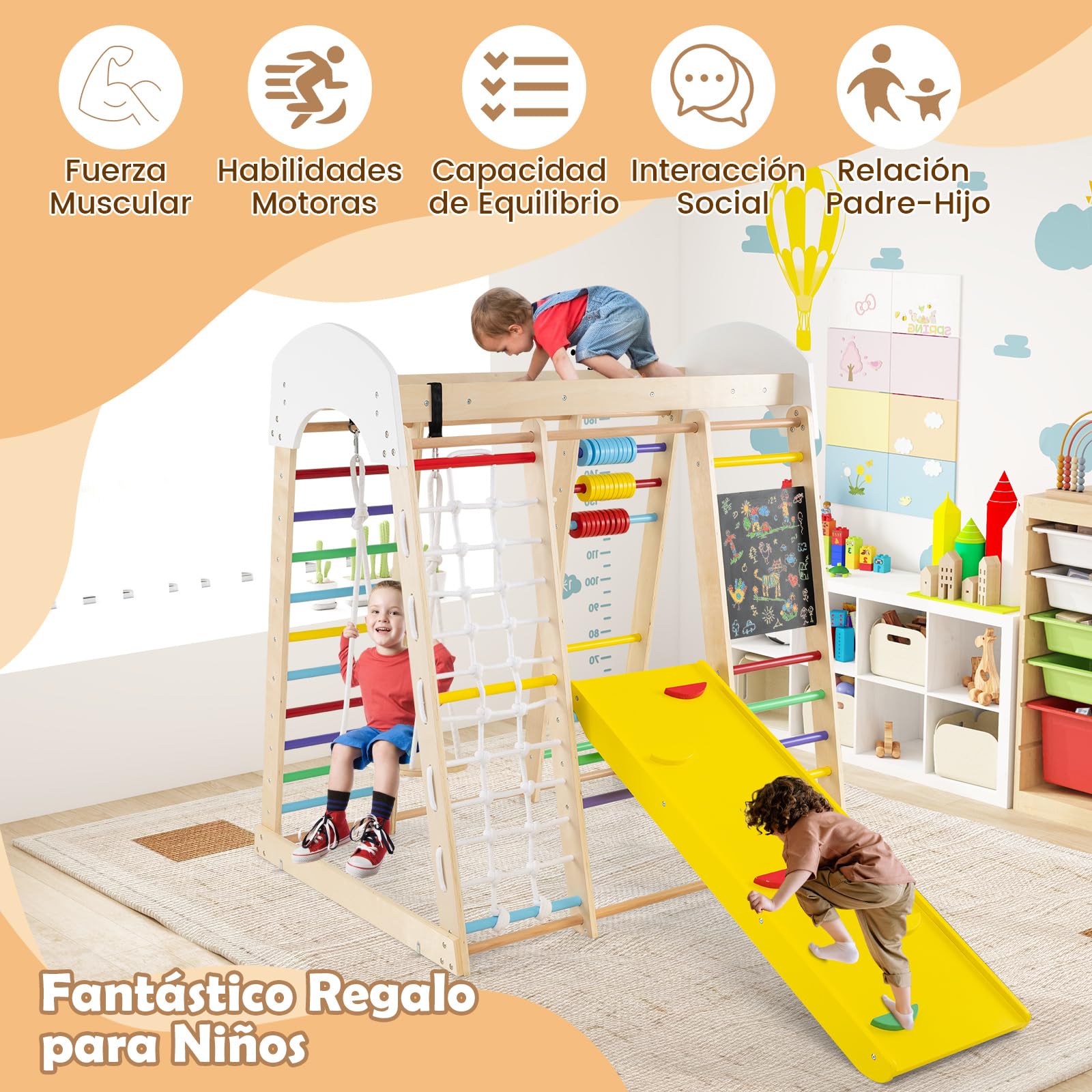 COSTWAY Set Escalada 7 en 1 para Niños,Escaldada de Madera con Rocas de Escalar y Escalera, Red de Escalada, Barra Horizontal, Centro Actividad de Interior para Niños 3+ Años (Multicolor)