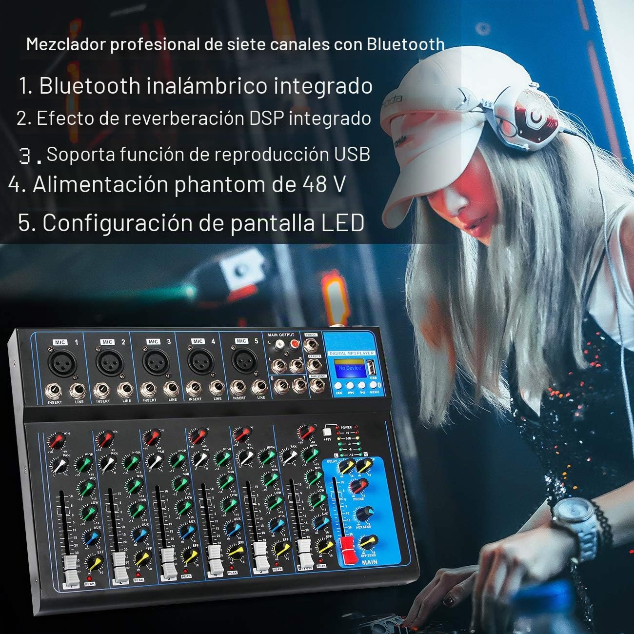 Depusheng HT7 Consola de mezclas de audio Bluetooth portátil con mesa de mezclas DJ USB y entrada MP3, alimentación de 48 V para grabaciones en computadora, consola de mezclas de 7 canales para