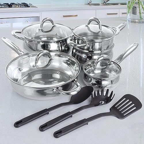 Miniatura 16 de Gibson Home Ancona - Juego de utensilios de cocina de acero inoxidable con forma de vientre, 12 piezas, con herramientas de cocina, color plateado