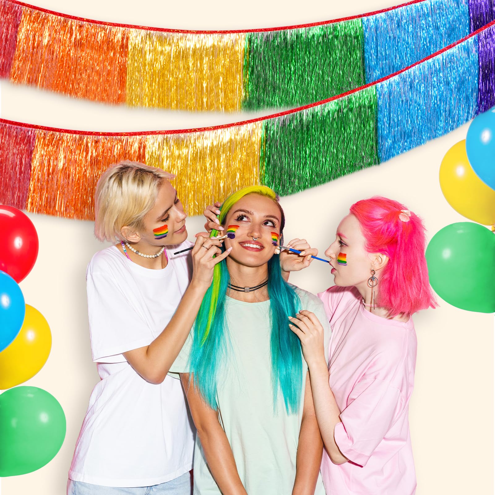 LOLStar Regenbogen-Lametta-Girlande, Metallic-Glitzer-Folien-Fransengirlande, hängende Regenbogen-Banner, Tischröcke für Geburtstag, Stolz, Parade, schwimmt