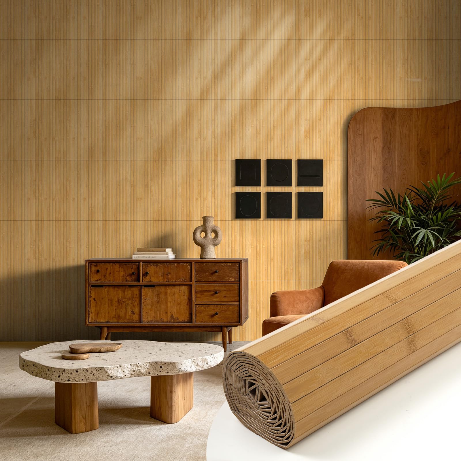 Vieshful Natural Bamboo Wall Panel (40 x 240cm), Flexible Wall Covering for Interior Decor, Pole Wrap Wainscoting for Kitchen Island, Living Room, Office & DIY Furniture Upcycling Carbonized