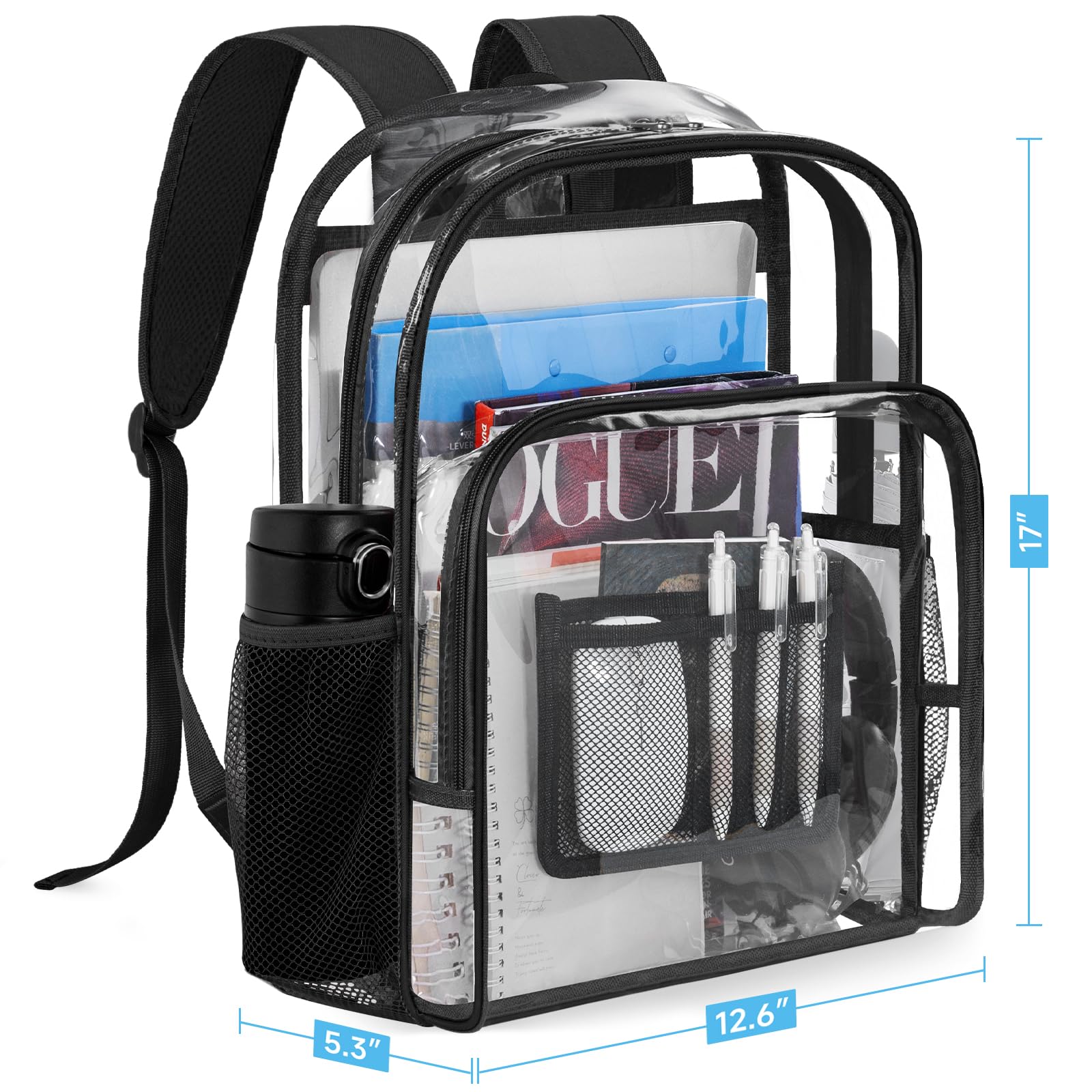WELIDAY Clear Backpack Heavy Duty PVC Transparent Backpack Large Capacity Bookbag for Work Travel Security (Black)
