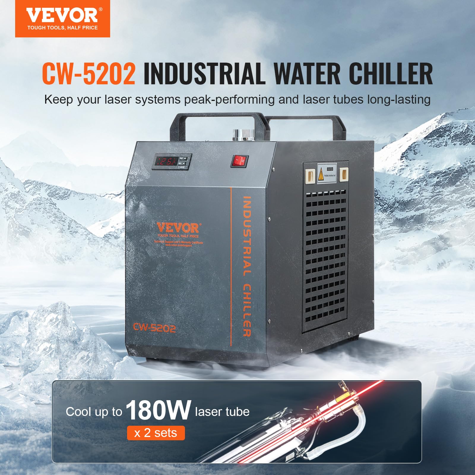 VEVOR Refrigeratore d'acqua industriale, CW-5202, sistema di raffreddamento, capacità del serbatoio dell'acqua 7 litri, portata 18 l/min per macchina per incisione laser