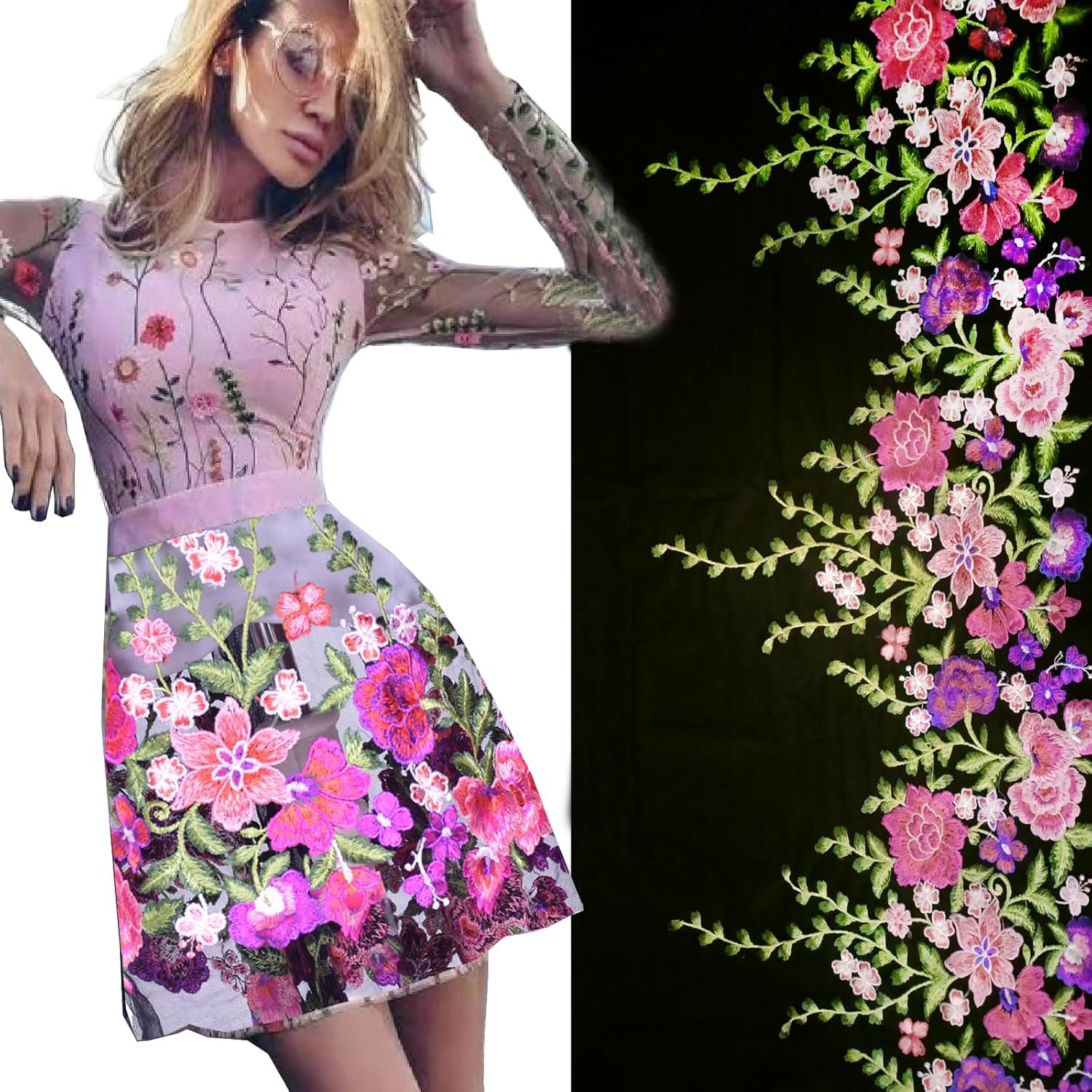 1Yard Lace Fabric Trim, 16inch Wide Embroidered Colorful Flowers Lace Trim, Part of Dress Home Party Sewing on Applique Patches for DIY Decoration (Black mesh)