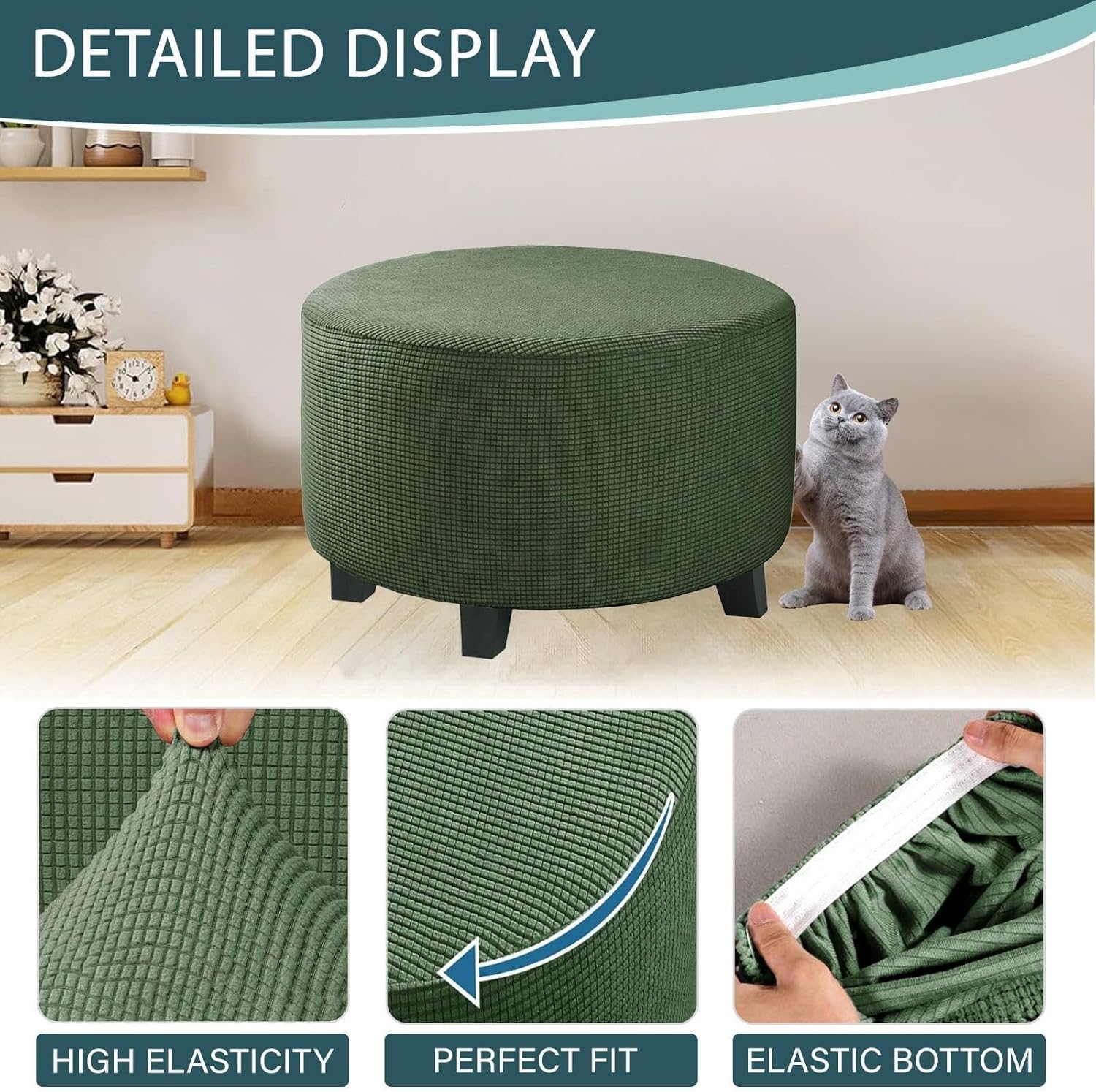 Round Ottoman Covers Slipcover Stretch 24 30 36 28 in - Small/Large/Extra Large Stool Covers Slipcovers Footstool Protector Covers with Elastic Bottom(Dark Green,41" D x 41" W x 18" H)