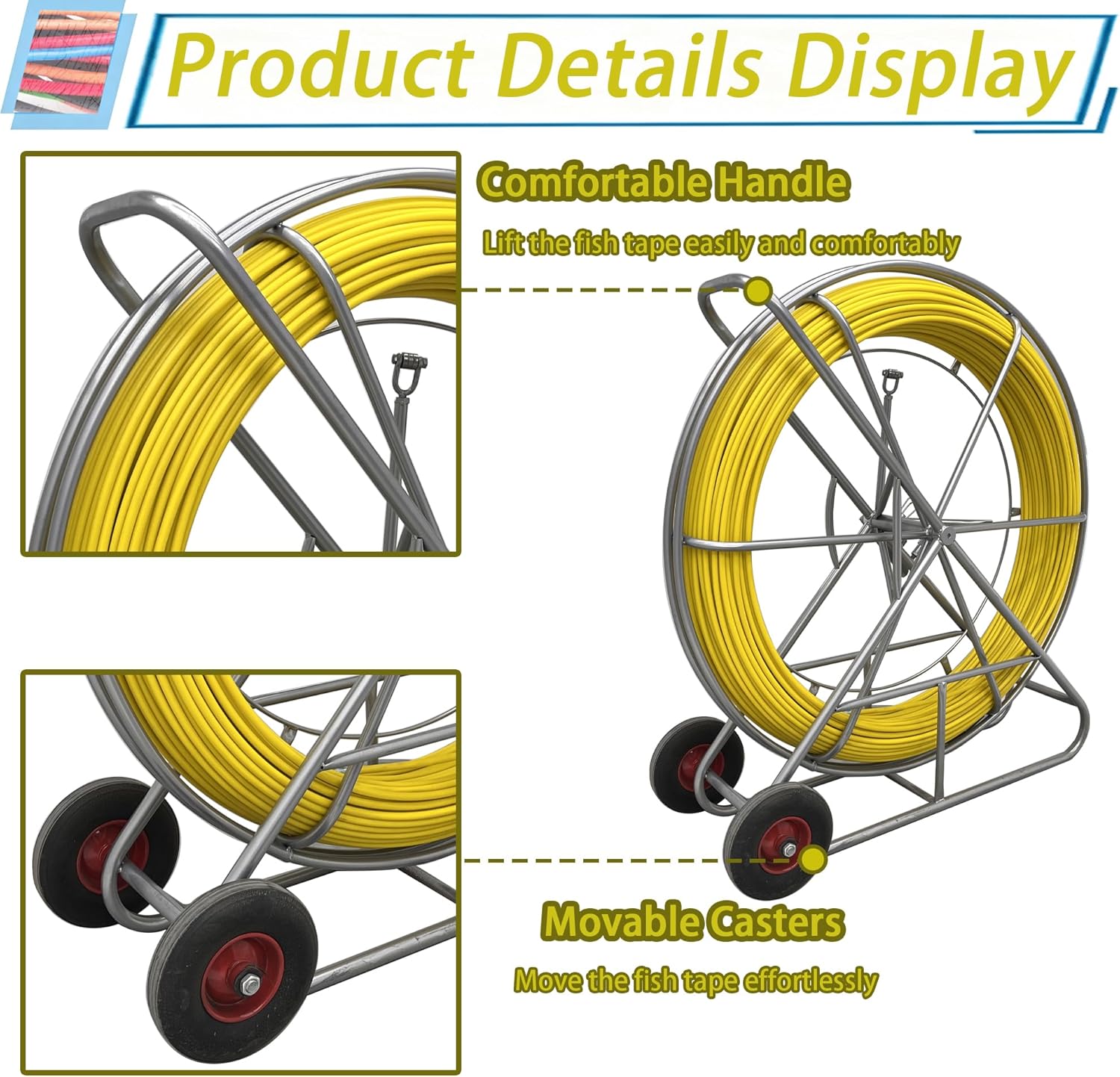 Fiberglass Fish Tape, Duct Rodder Wire Puller with Steel Reel Stand & Brake, High Tensile Strength Cable Running Rod 12mmx250m for Electrical Conduit, Pipeline Cleaning & Telecom Wire Laying