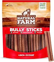 Natural Farm Odor Free Bully Sticks (4 Inch, 25 Pack) for Small & Medium Dogs - 100% Beef Chews for Pups, Non-GMO, Grain-Free, Fully Digestible Long Lasting Dog Treats