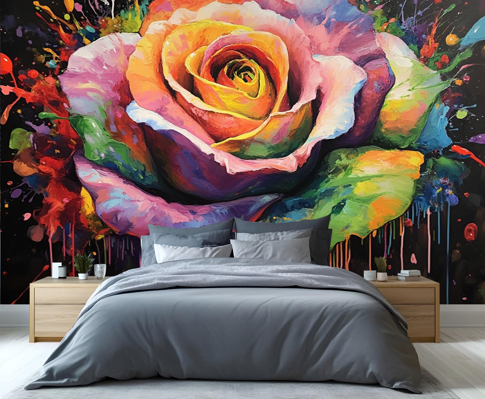YXQAIED Floral Wallpaper, Flower Wallpaper for Living Room, Graffiti Rose Bedroom Wall Paper, Not Self Adhesive Abstract Flowers 3D Large Mural & Home Decor Poster 300x210cm