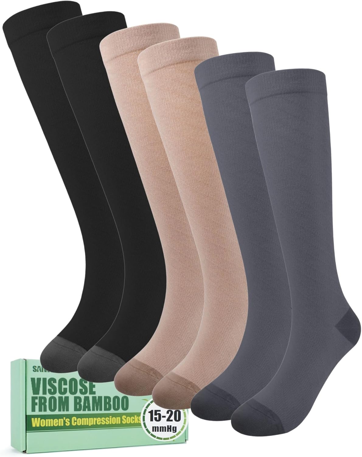 Compression Socks for Women 15-20 mmHg, Viscose from Bamboo, 3-Pair Knee High for Travel, Work & All-Day Comfort