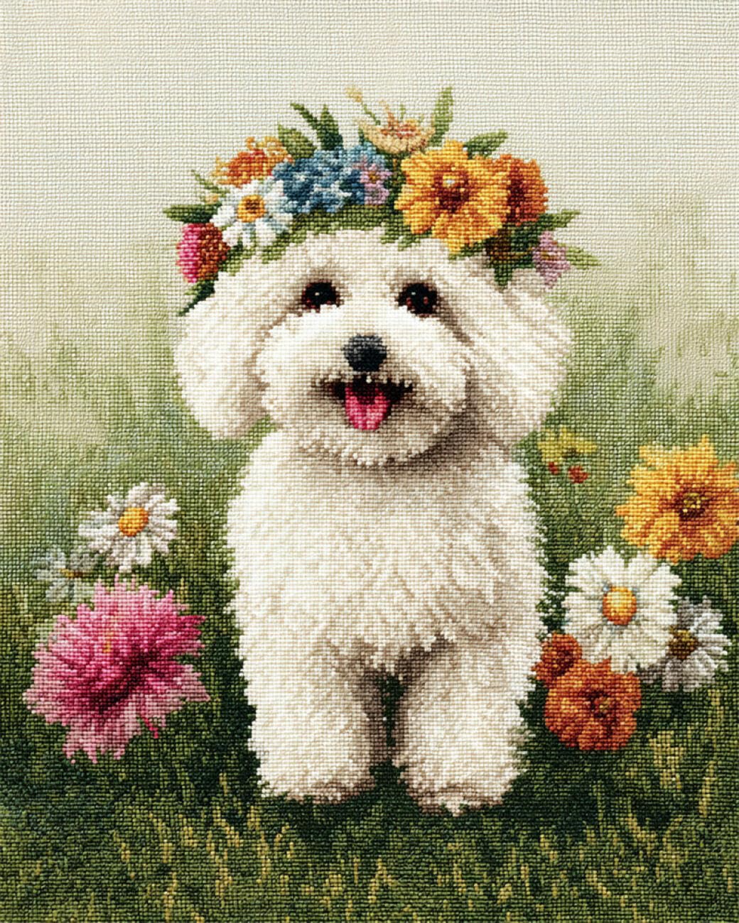 AxiangziK DIY Cross Stitch Kit White Dog and Flowers 11CT 80x100cm