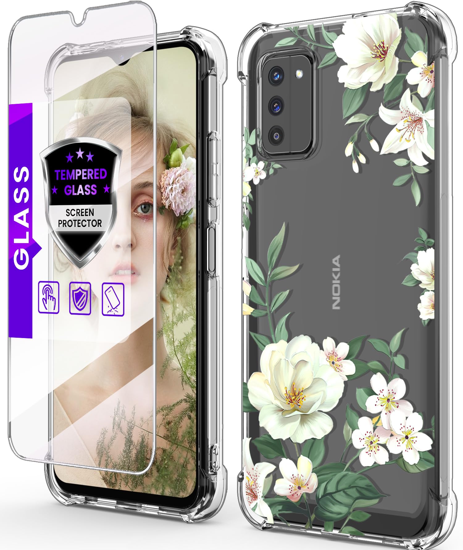 for Nokia C300 4G Case with Tempered Glass Screen Protector, Crystal Clear Flower Pattern Slim Flexible TPU Reinforced Corners Shock-Absorption Case Cover for Nokia C300 4G 2023-Magnolia