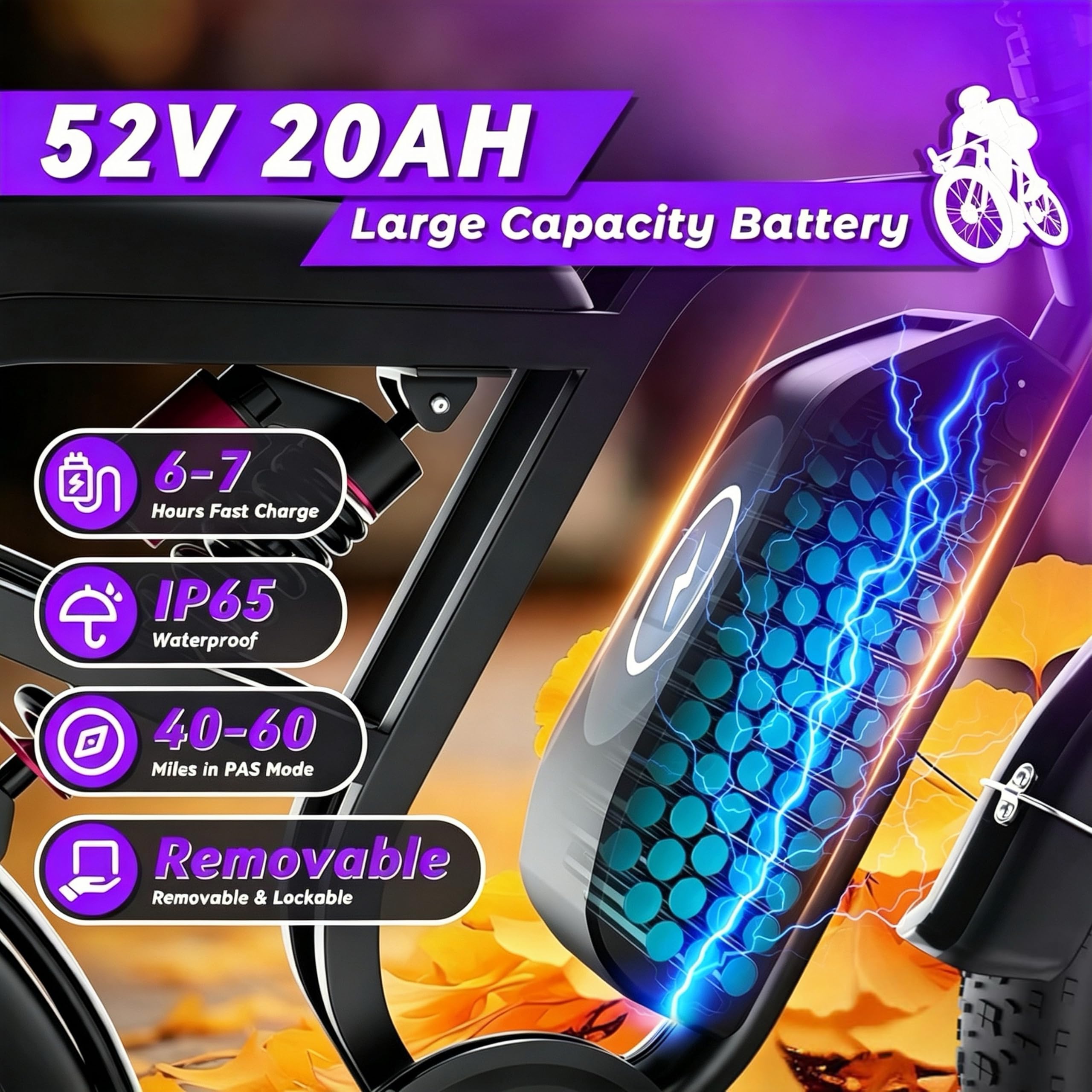 DEEPOWER Bicicletta Elettrica Per Adulti, 48V/52V 20Ah Batteria Rimovibile, Autonomia Lunga 60-110KM, Ebike Con Pneumatici Fat 20" Per Tutti I Terreni, 7 Marce, Sospensione Idraulica