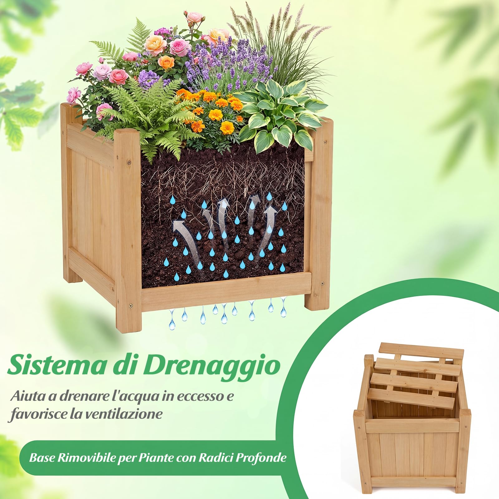 COSTWAY Fioriere da Esterno con Panchina, Letto Rialzato da Giardino in Legno Massello con e Base Aperta, Fioriere Elevate per Patio, Cortile e Veranda (Naturale, 105 x 26,5 x 29,5 cm)