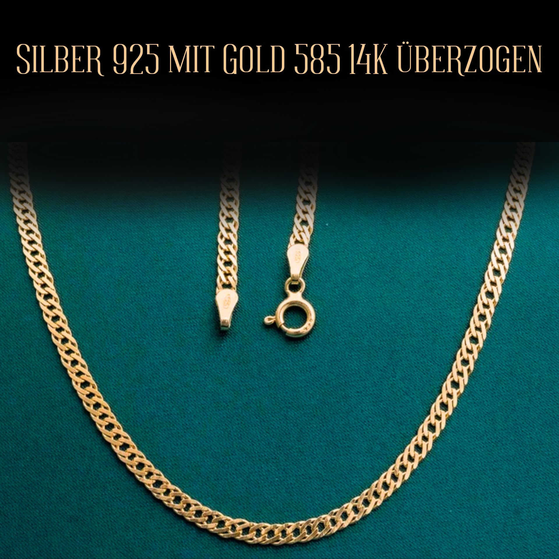 ZELYA gold kette 925/985 14K Silber Rombo Kette 3 mm vergoldete • Damen & Herren Halskette mit originellem Gliederdesign • Geschenkset mit Box & Beutel, personalisierbare Widmung