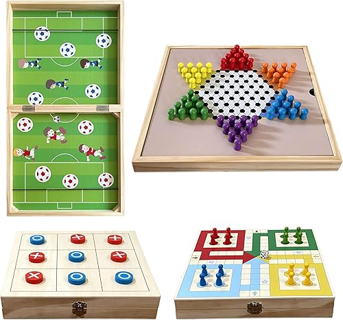 Juego de mesa de madera 4 en 1 de doble cara Disco de cabestrillo rápido, Ludo, Tic Tac Toe y damas chinas Juegos de mesa familiares clásicos para