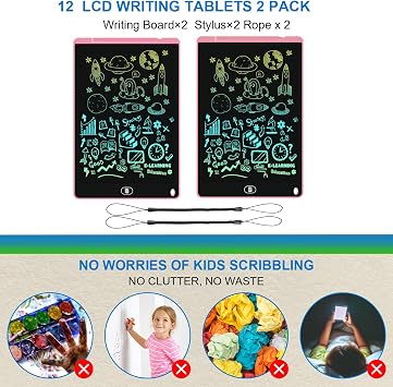 LCD Writing Doodle Boards for Kids Toys, 2PCS 12 Inch, Pink