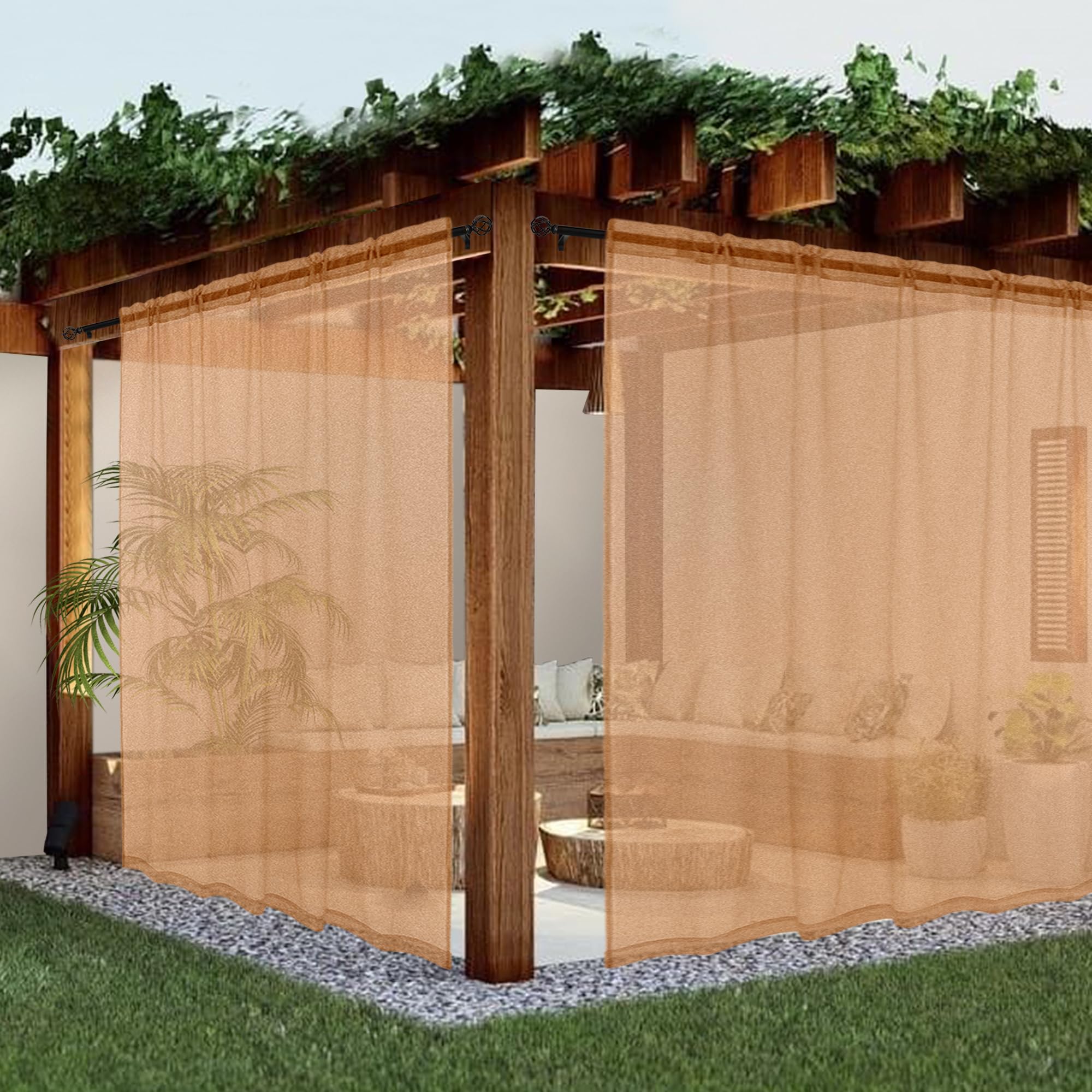 Youleyar Sheer Outdoor Curtains for Patio, Waterproof, 2 Panels, Linen Look, Rod Pocket, Voile Indoor Curtain for Living Room, Bedroom, Porch,
