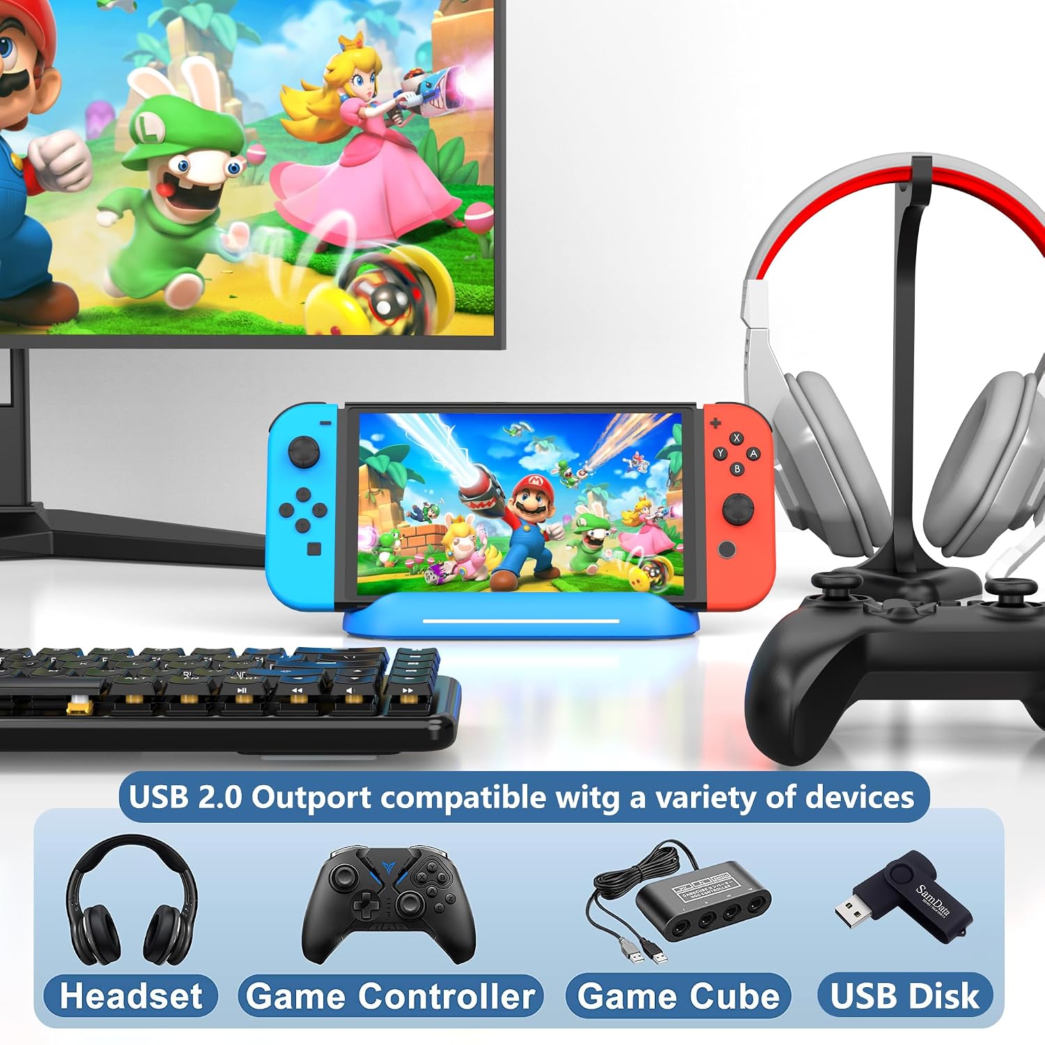 5 in 1 Switch Dock for Nintendo Switch OLED TV Adapter Switch Docking Station with HDMI USB 3.0 Port Type C Charging Type C Connectors Travel Switch Base Portable USB C Hub Stand
