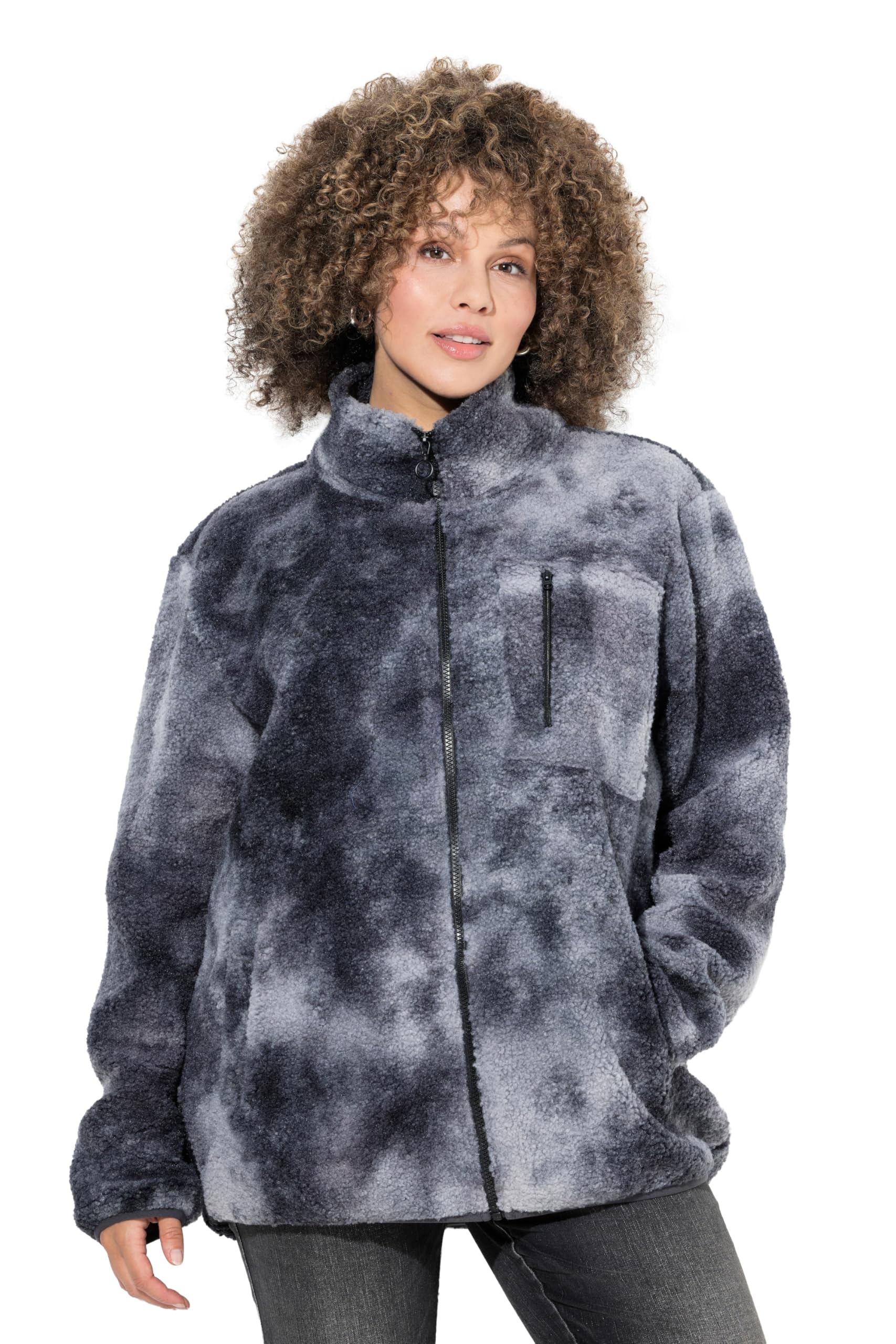 Ulla Popken Damen große Größen Übergrößen Plus Size Teddyjacke, Stehkragen, elastische Kanten, kuschelweich 845193