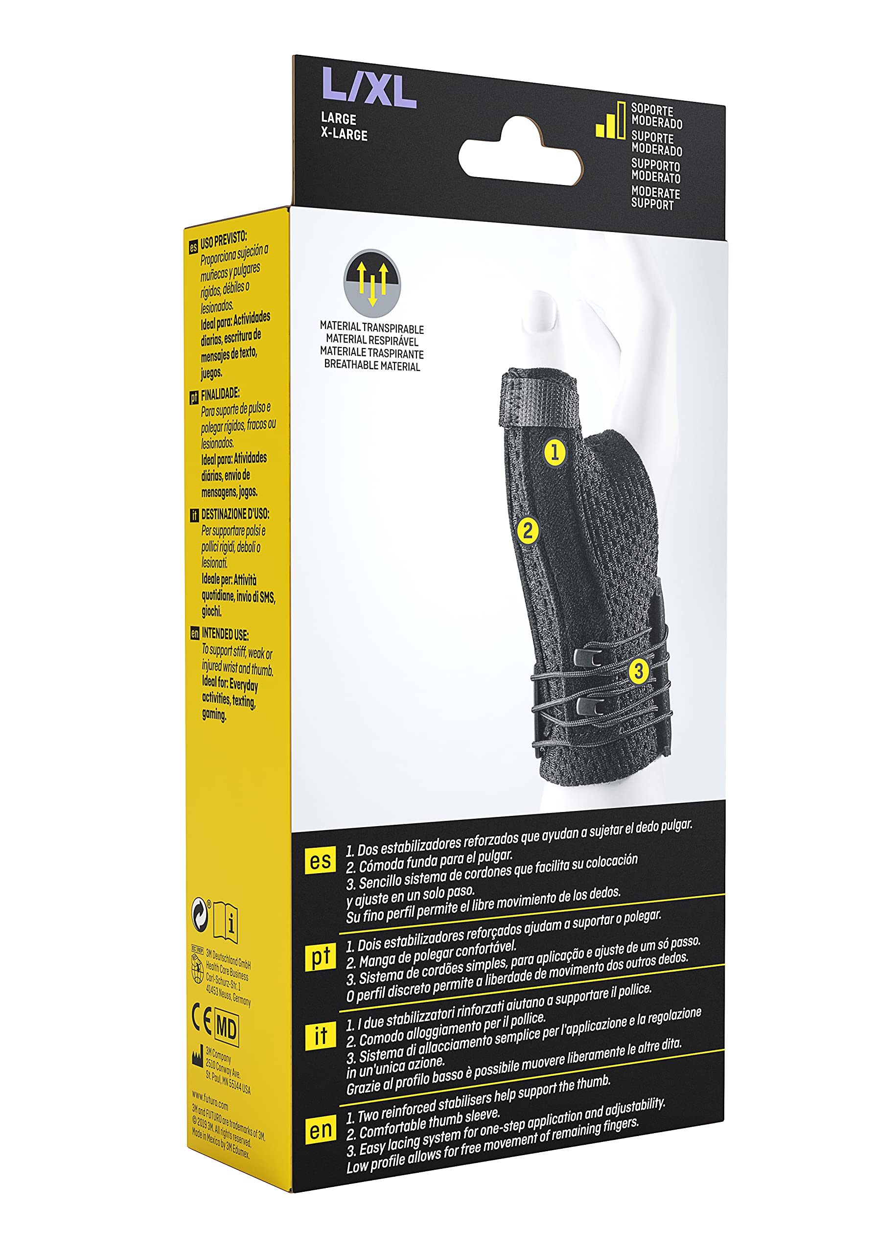Futuro Tutore Stabilizzatore Per Pollice Destro/Sinistro, L/Xl, Pollice: 6.3 - 7.6 Cm, Polso: 17.7 - 23.0 Cm, Dispositivo Medico Marcato Ce, Nero