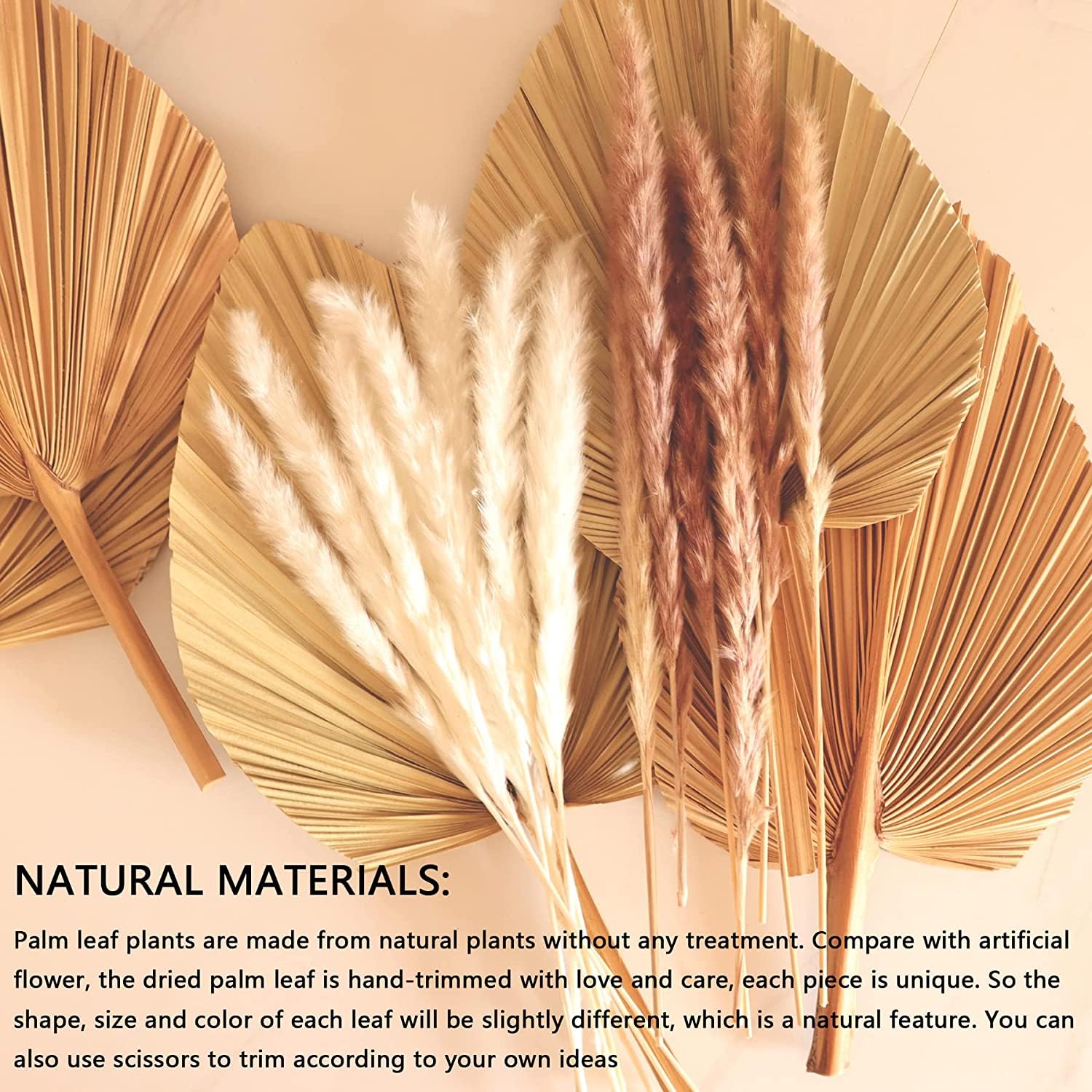 Getrocknete Palmblätter 5Pcs 18" große natürliche getrimmte Palme Speer Tropische Palmblätter Fans Boho Hochzeit Dekor Hawaiian Luau Party Urlaub Küche Tisch getrocknete Blumen Pampasgras Dekoration