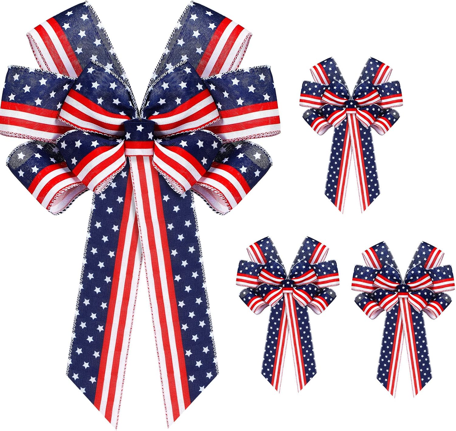 4 Pcs Patriotic Bows for Wreath, 4th of July Decor Bows Red White Blue Stars Stripe Tree Topper Bow American Flag Wreath Bow for Patriotic,Independence Day,Memorial Days,Veteran's Day, Door Decoration
