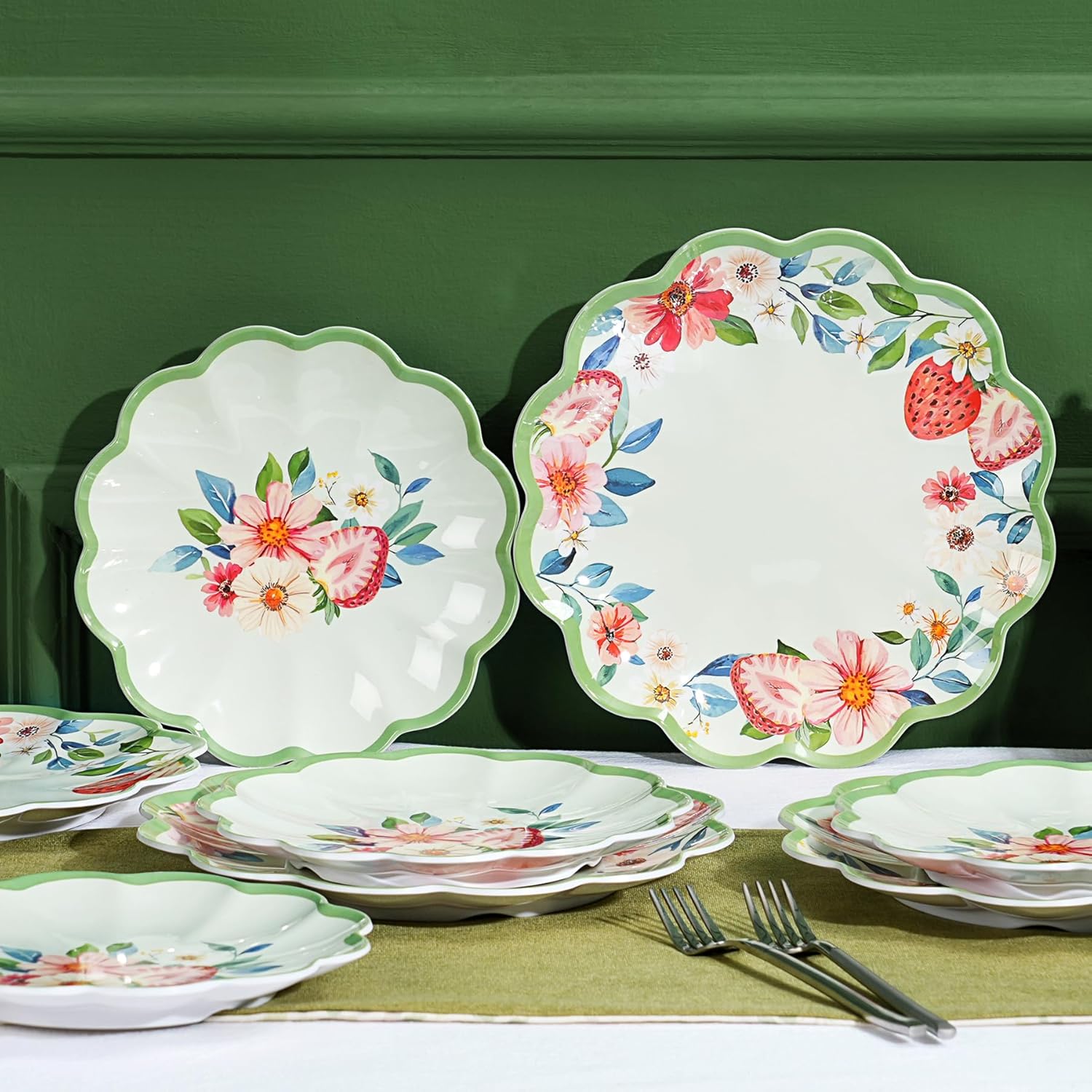 Unbreakable Melamine Plates Set of 8, 4 Large 11" & 4 Small 9" Plates, Lightweight RV/Dinner Plates, Strawberry Design, Dishwasher Safe