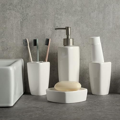 Miniatura 2 de MyGift Juego de accesorios de baño de cerámica blanca de 4 piezas con bomba dispensadora de jabón, soporte para cepillos de dientes, vaso y jabonera