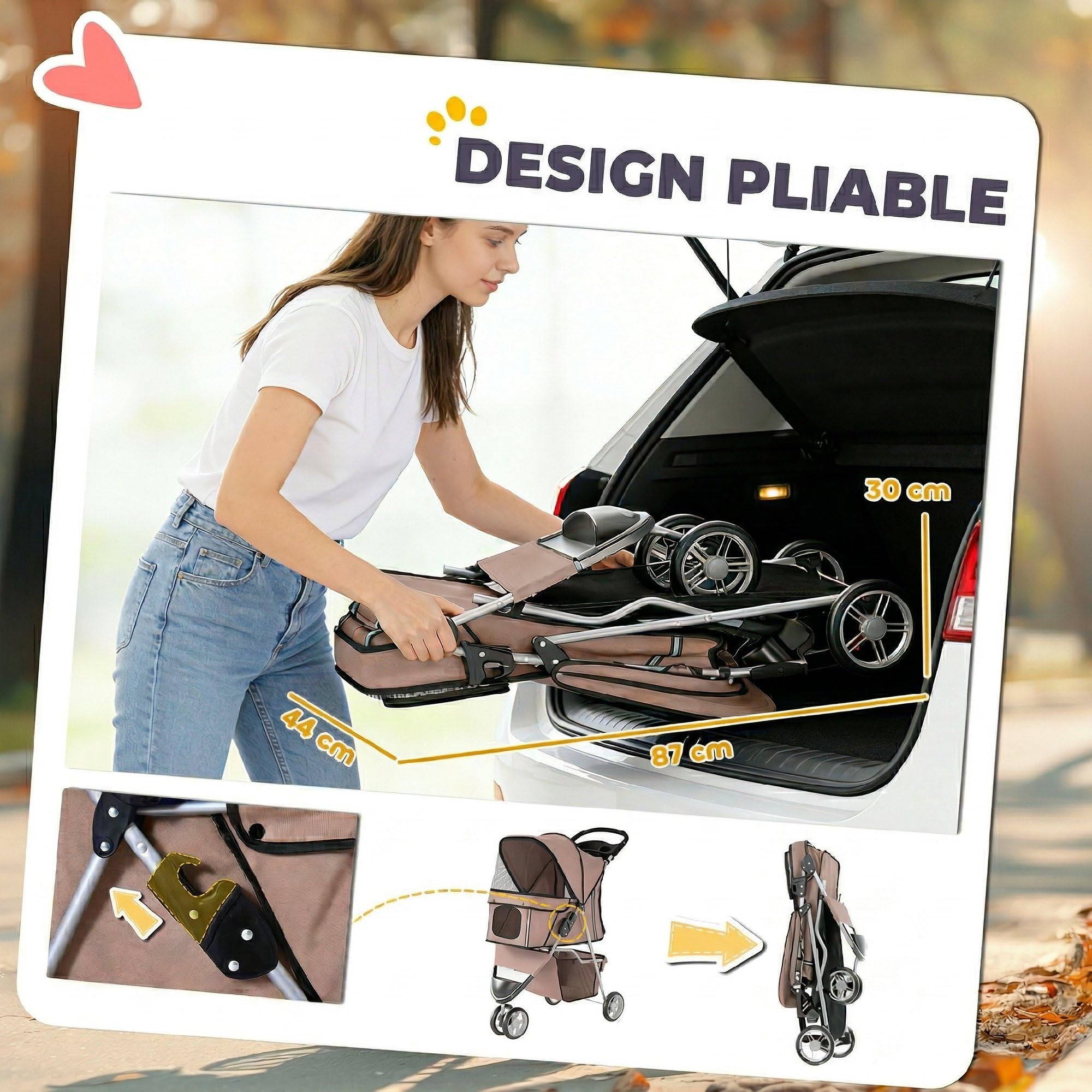 PawHut Poussette pour Chien 4 Roues, Chariot Pliable avec Frein, Auvent Réglable, Panier de Rangement, Porte-Gobelet, pour Petits Chiens et Animaux Agés, 77x44x102cm, Café