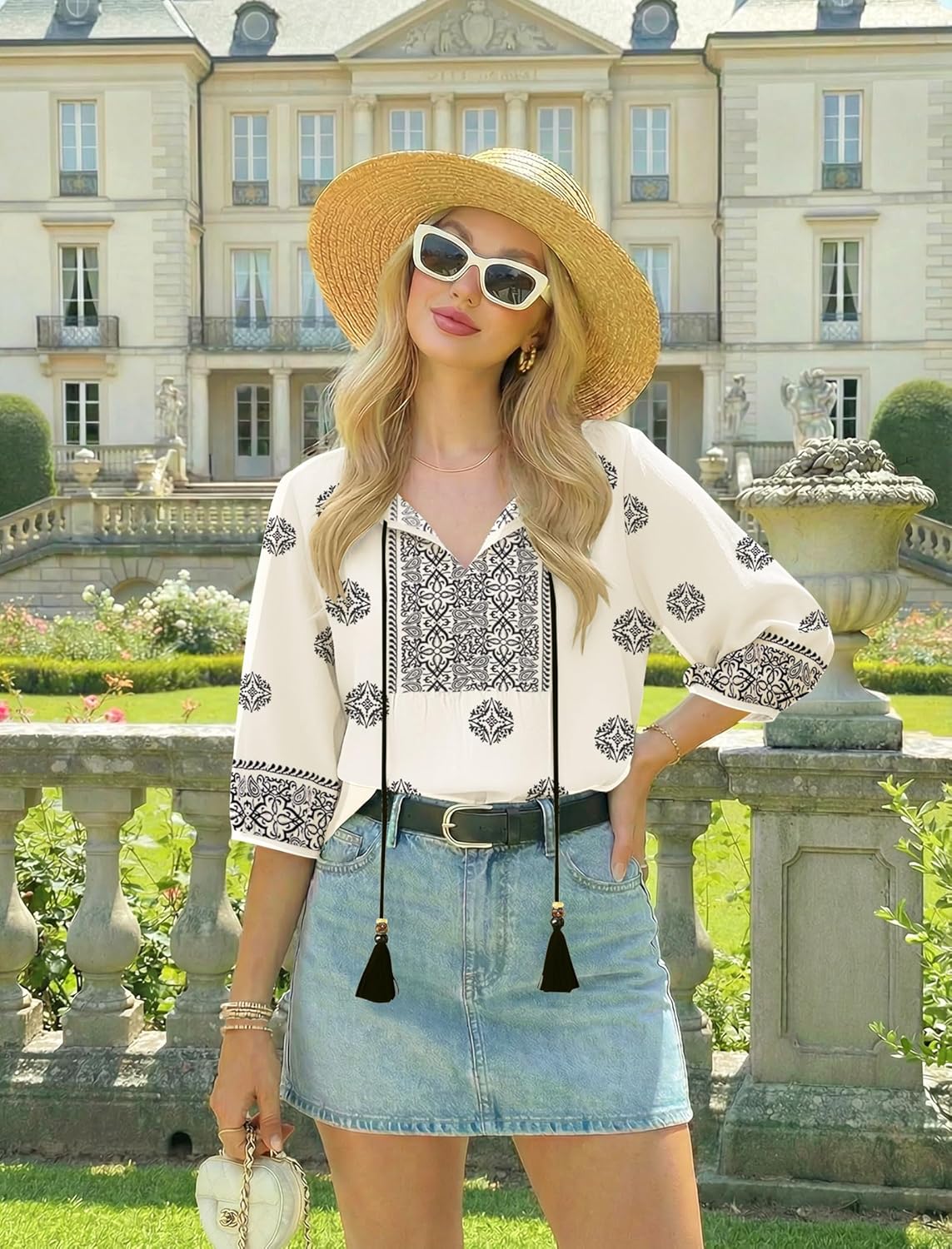 Boho Tops for Women Floral Print 3/4 Sleeve V Neck Blouse Pleated Flowy Vacation Casual Summer Tunic Blouses - Image 6